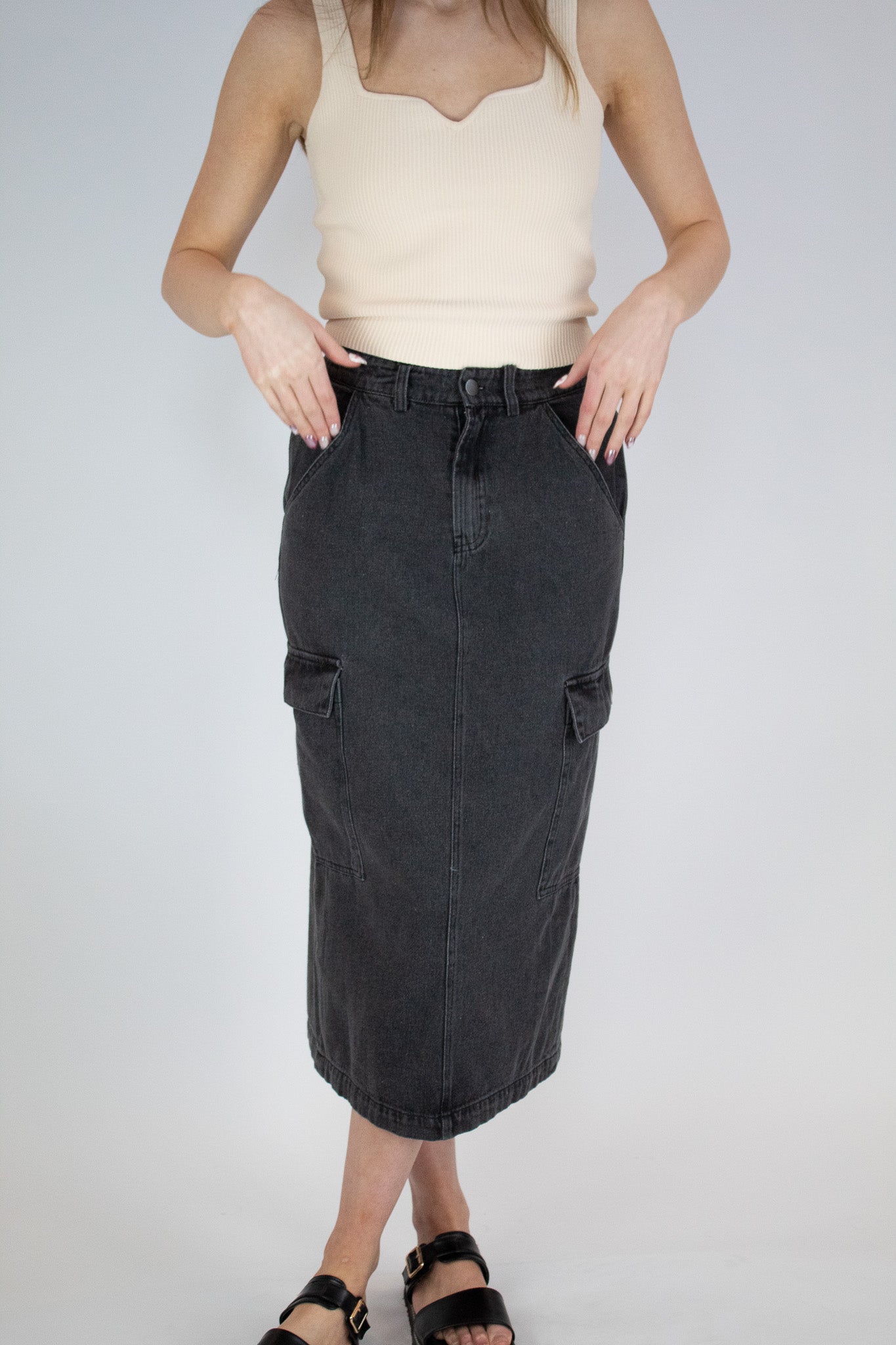 Washed Denim Cargo Skirt