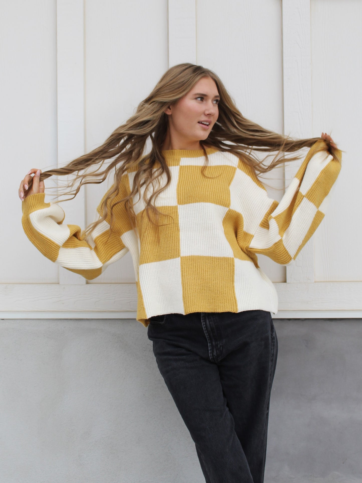 Checkered Sweater Top in Sunflower Yellow