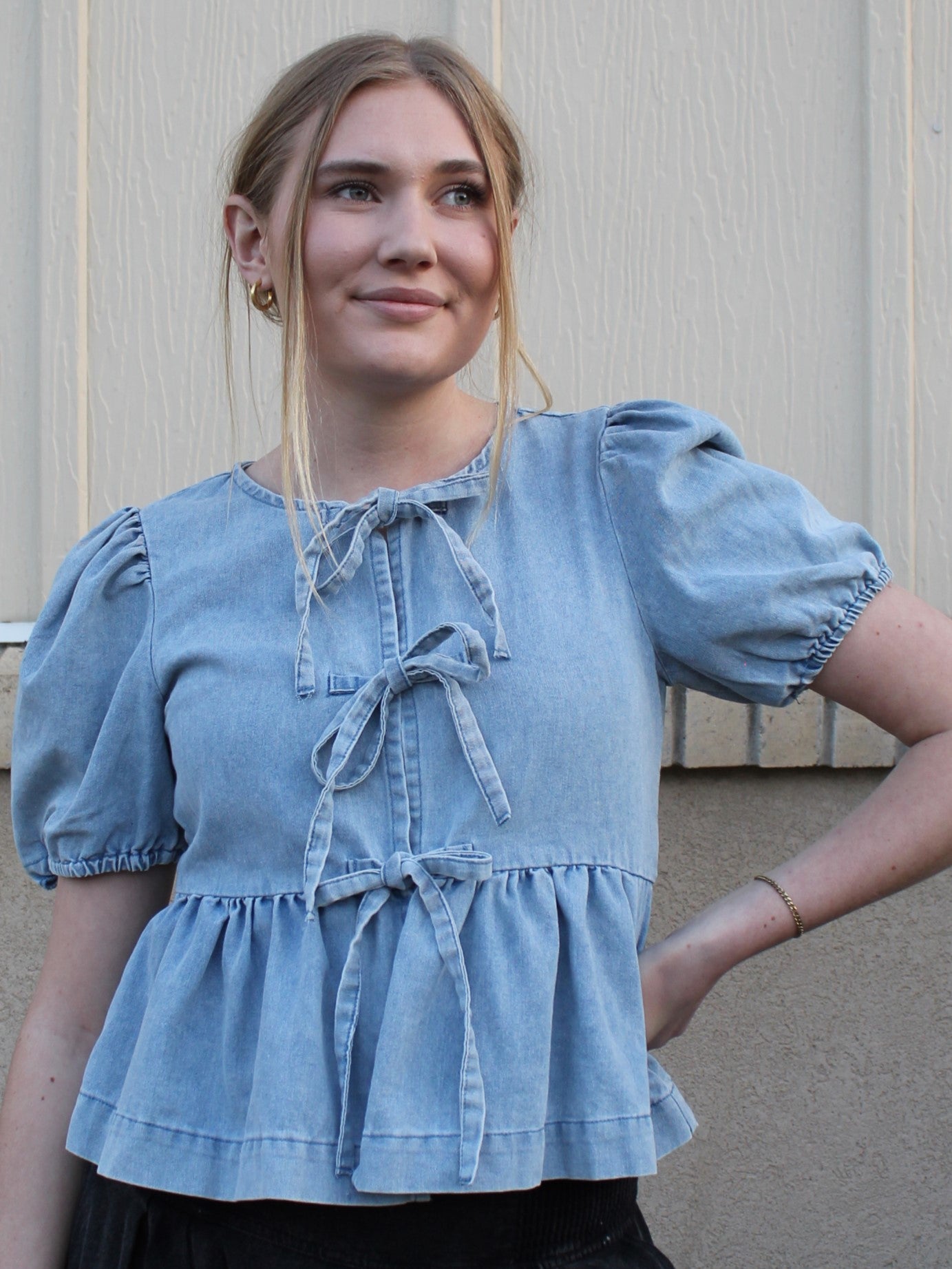 All Tied Up Bow Top in Light Denim
