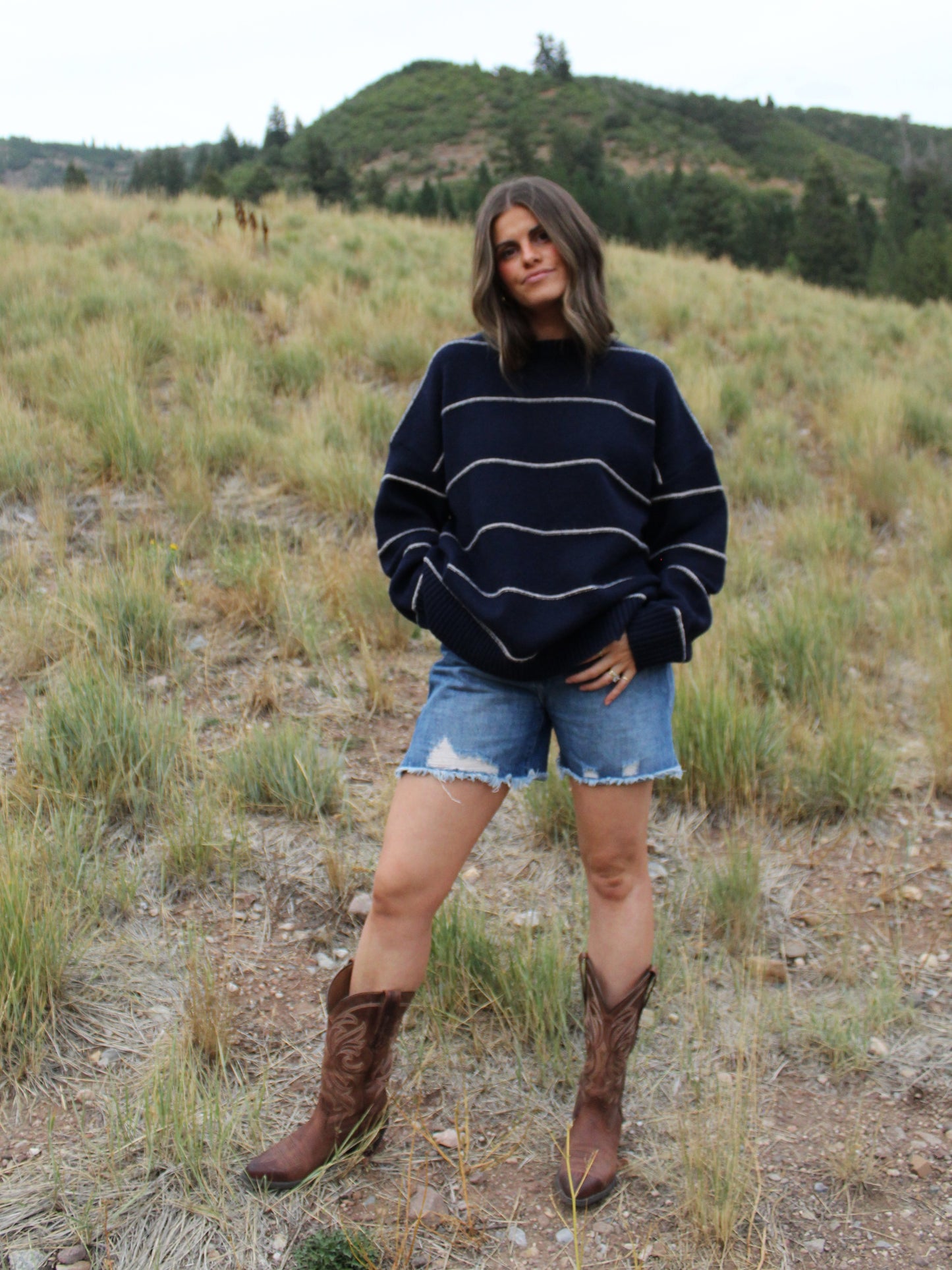 Cool and Cozy Striped Sweater Top in Navy