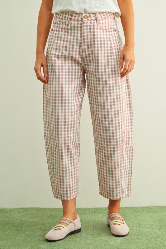 Plaid Perfection Barrel Fit Pant in Pink
