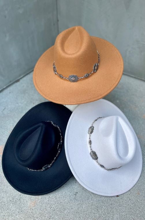 Black Wide Brim Chain Felt Hat