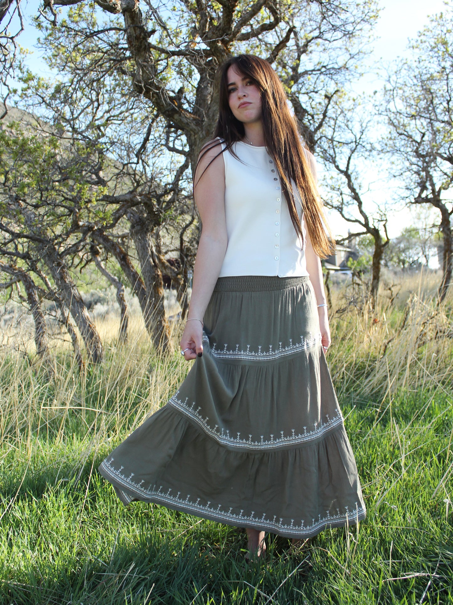 The Clara Embroidered Skirt in Sage