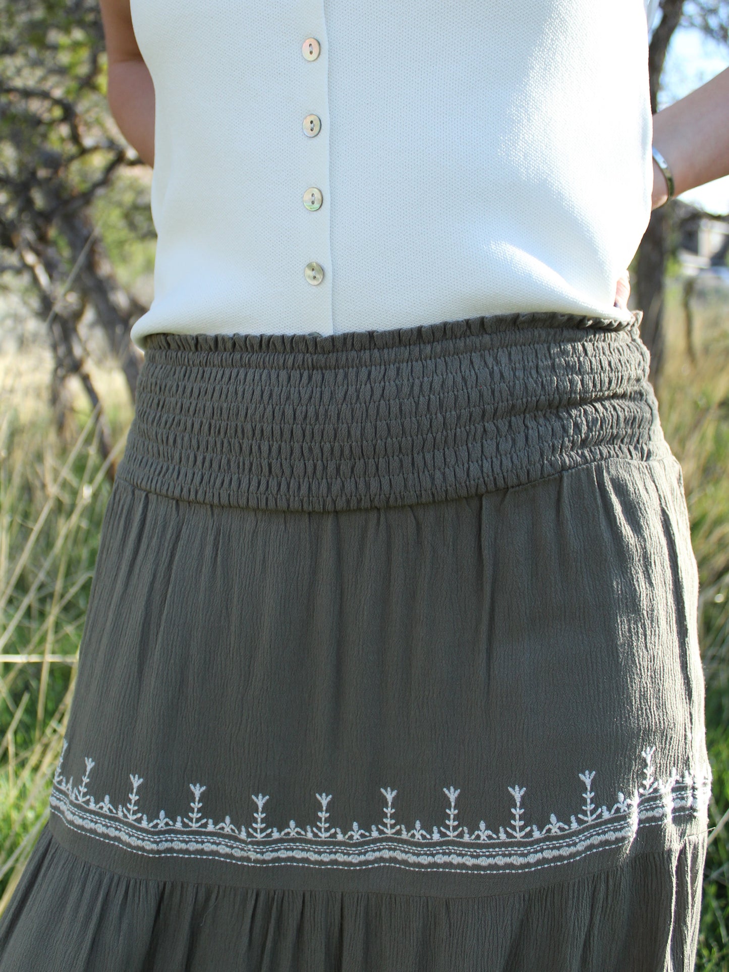 The Clara Embroidered Skirt in Sage