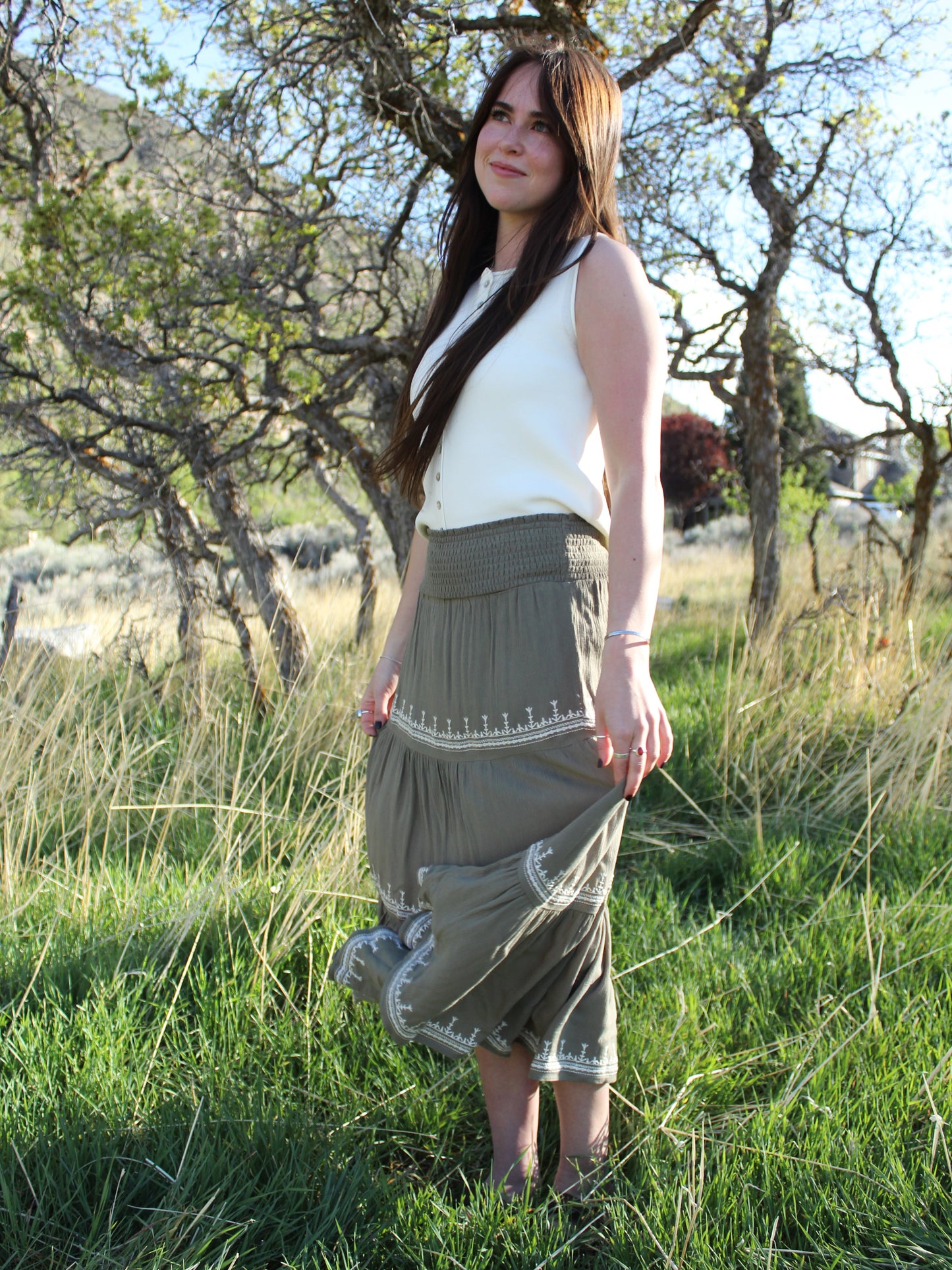 The Clara Embroidered Skirt in Sage