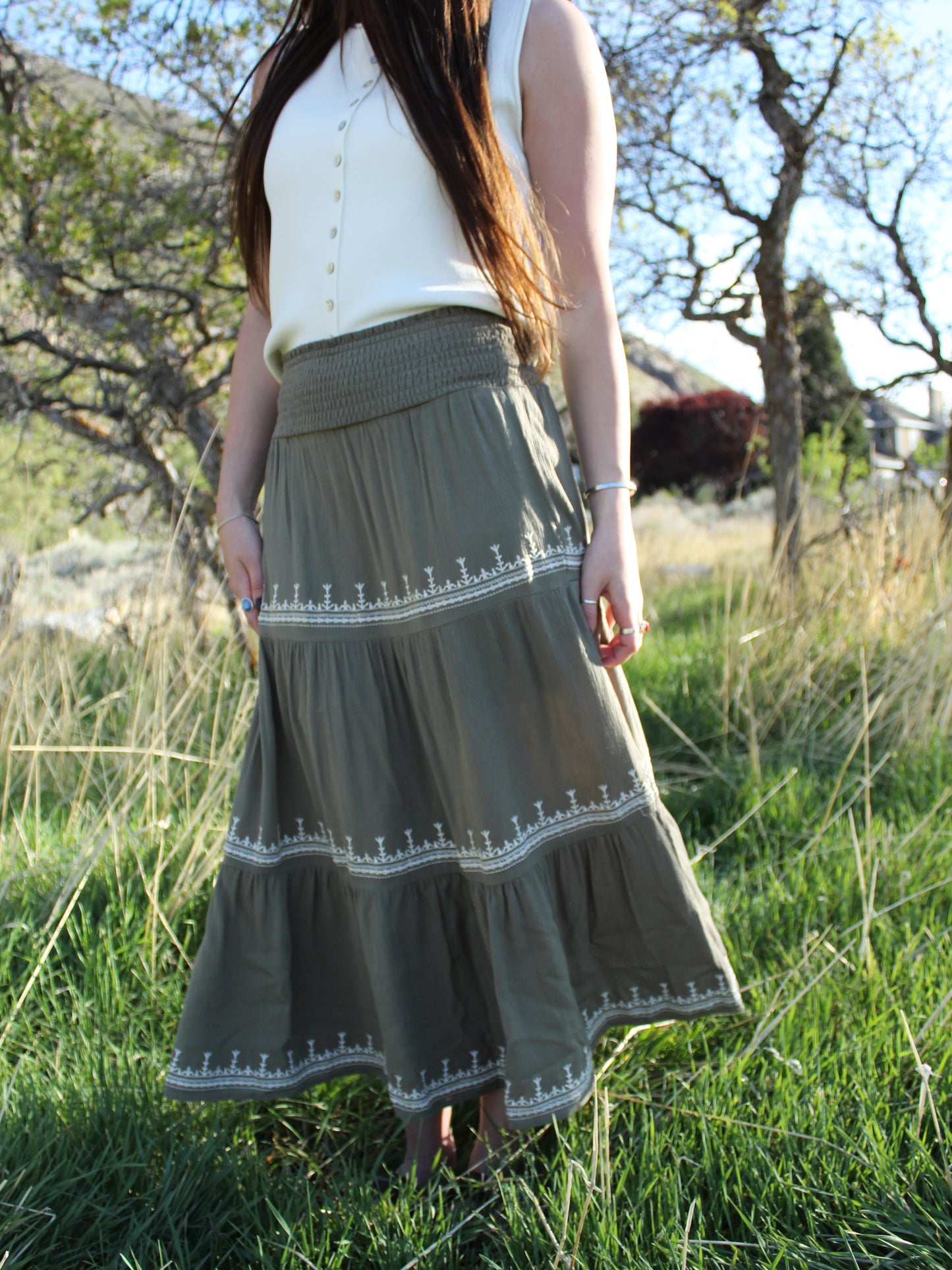 The Clara Embroidered Skirt in Sage