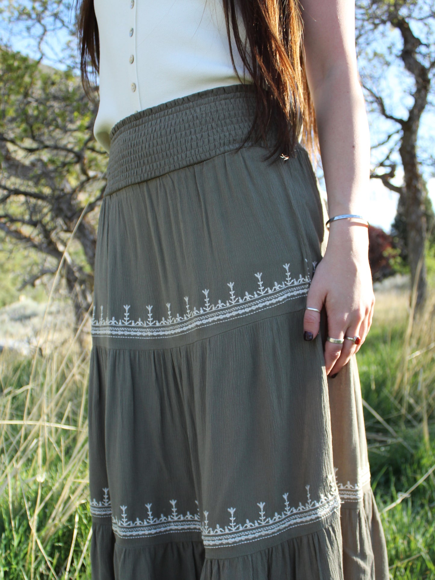 The Clara Embroidered Skirt in Sage