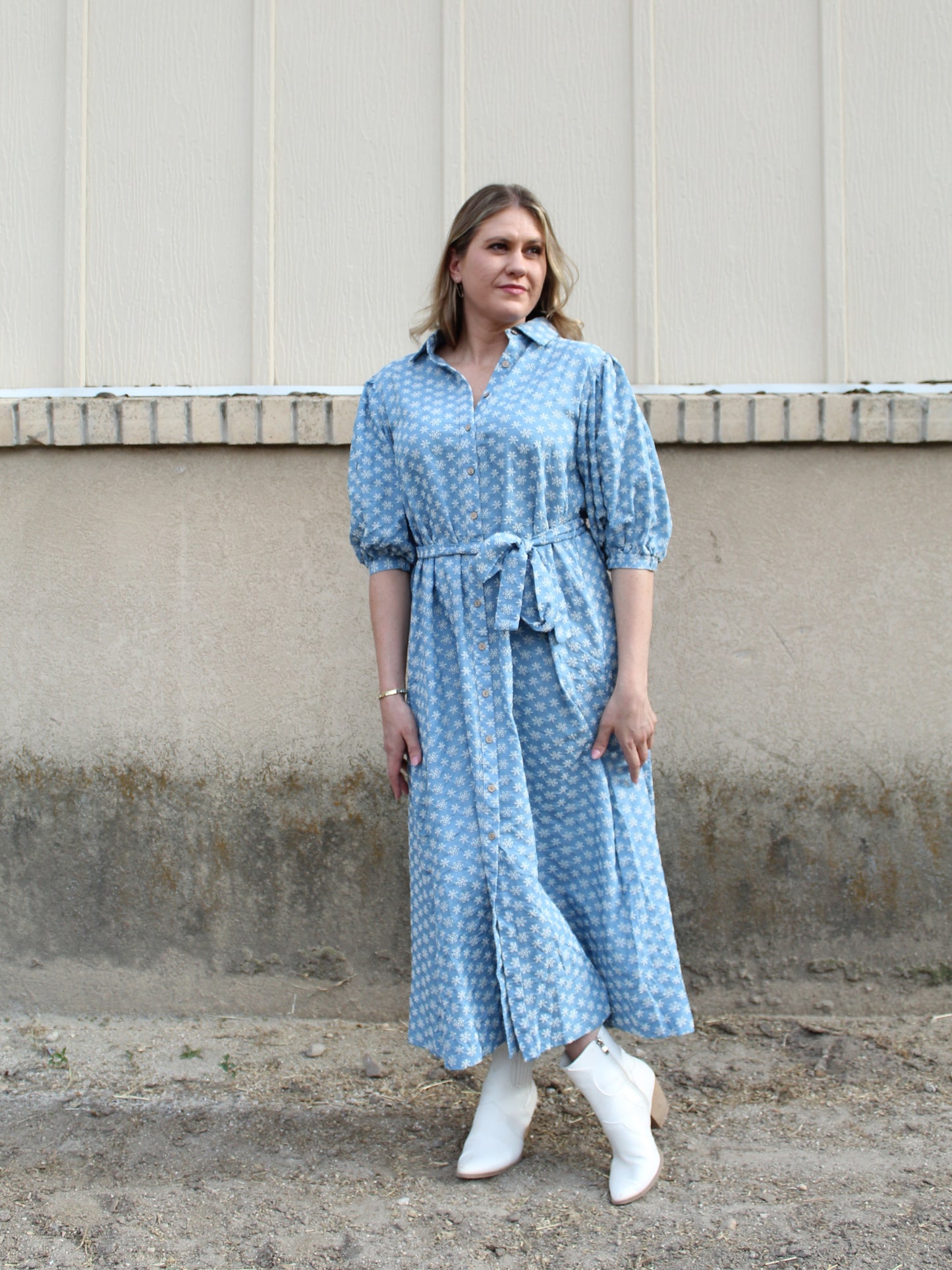 Flower Fields Buttoned Dress in Denium