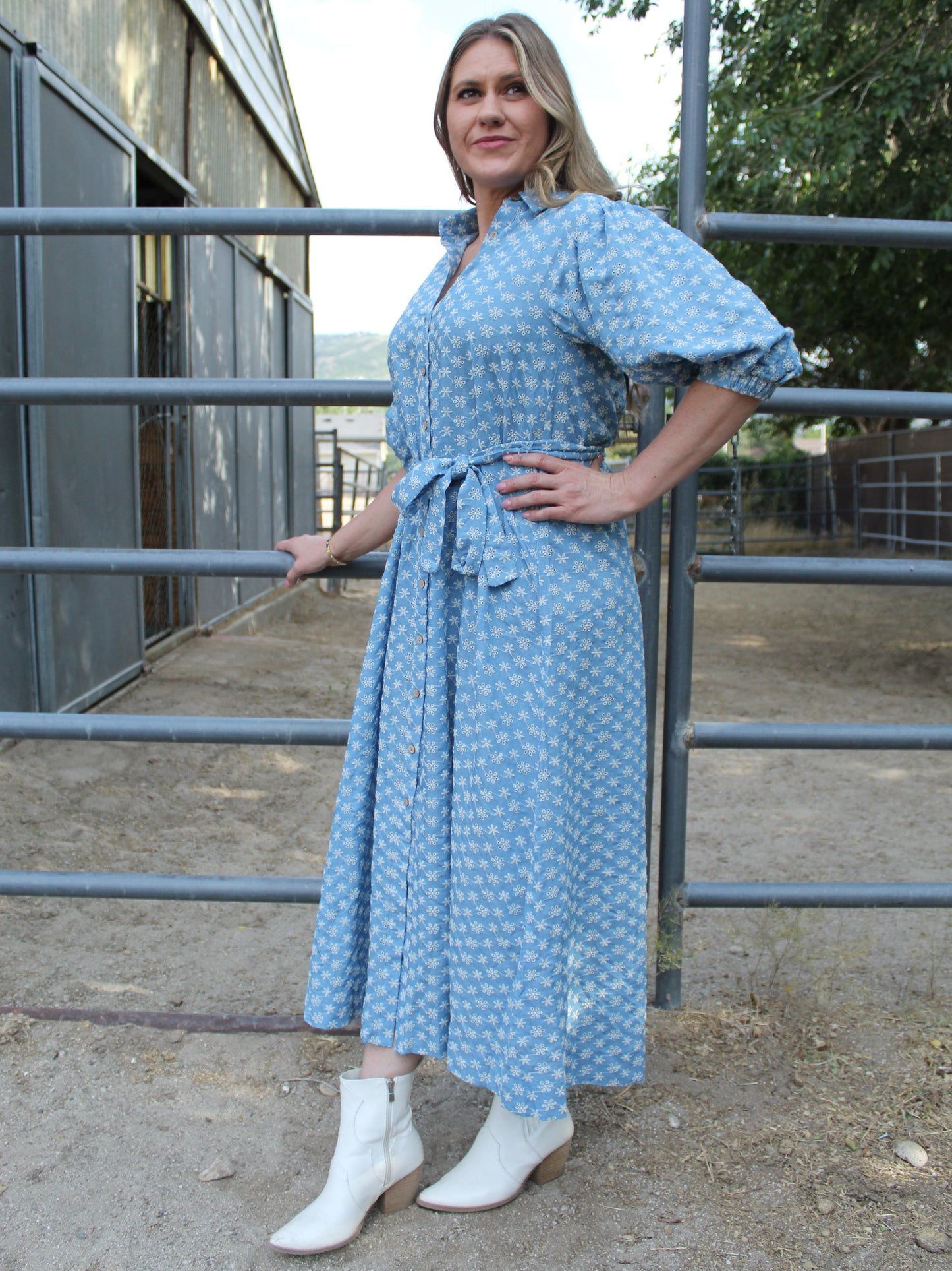 Flower Fields Buttoned Dress in Denium