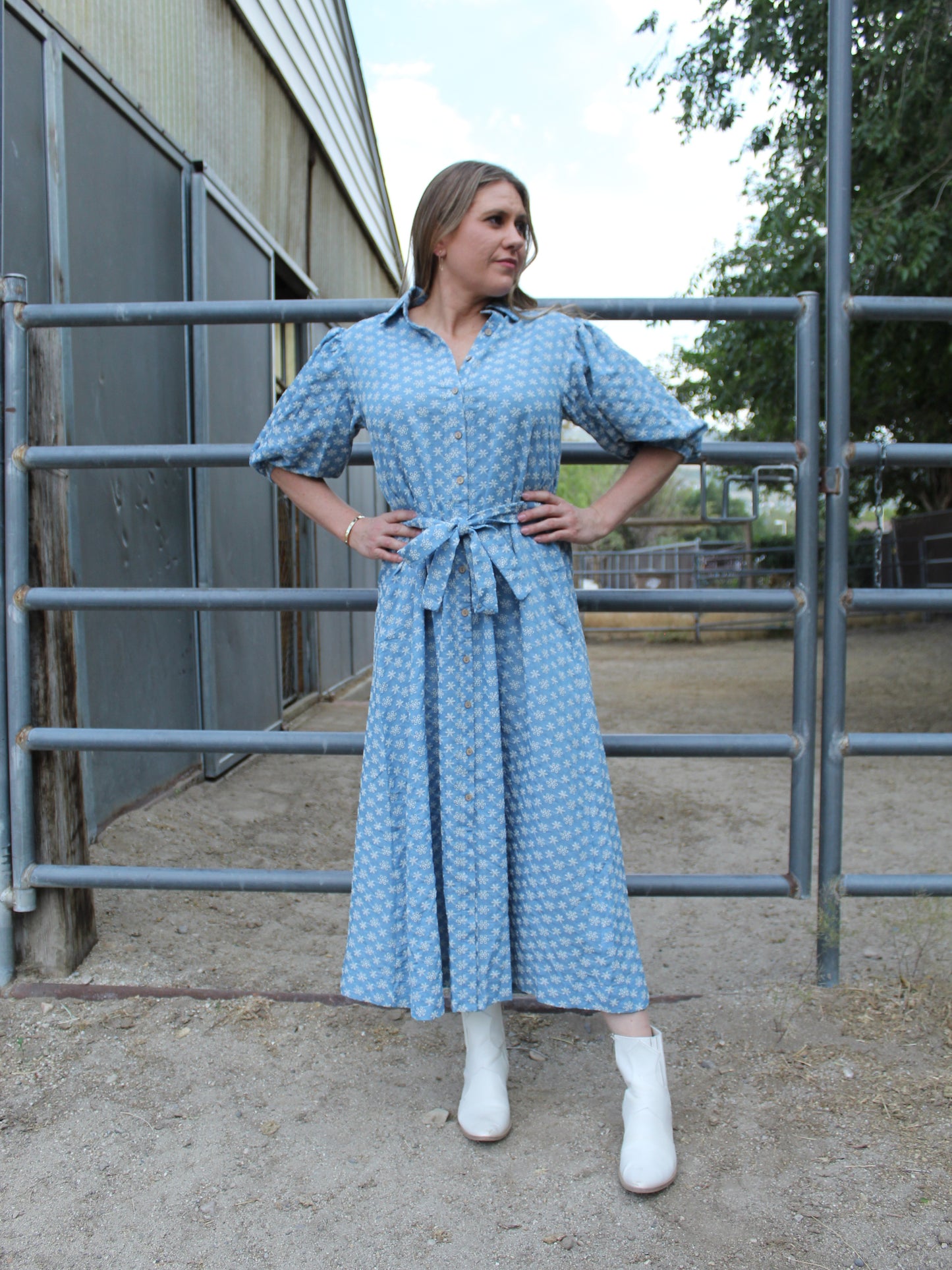 Flower Fields Buttoned Dress in Denium