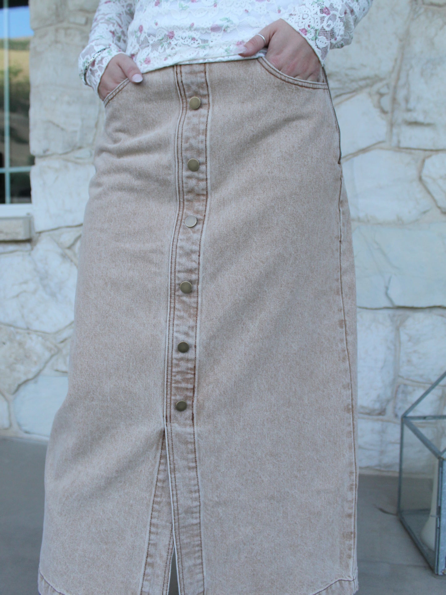 Timeless Buttoned Denim Skirt in Tan