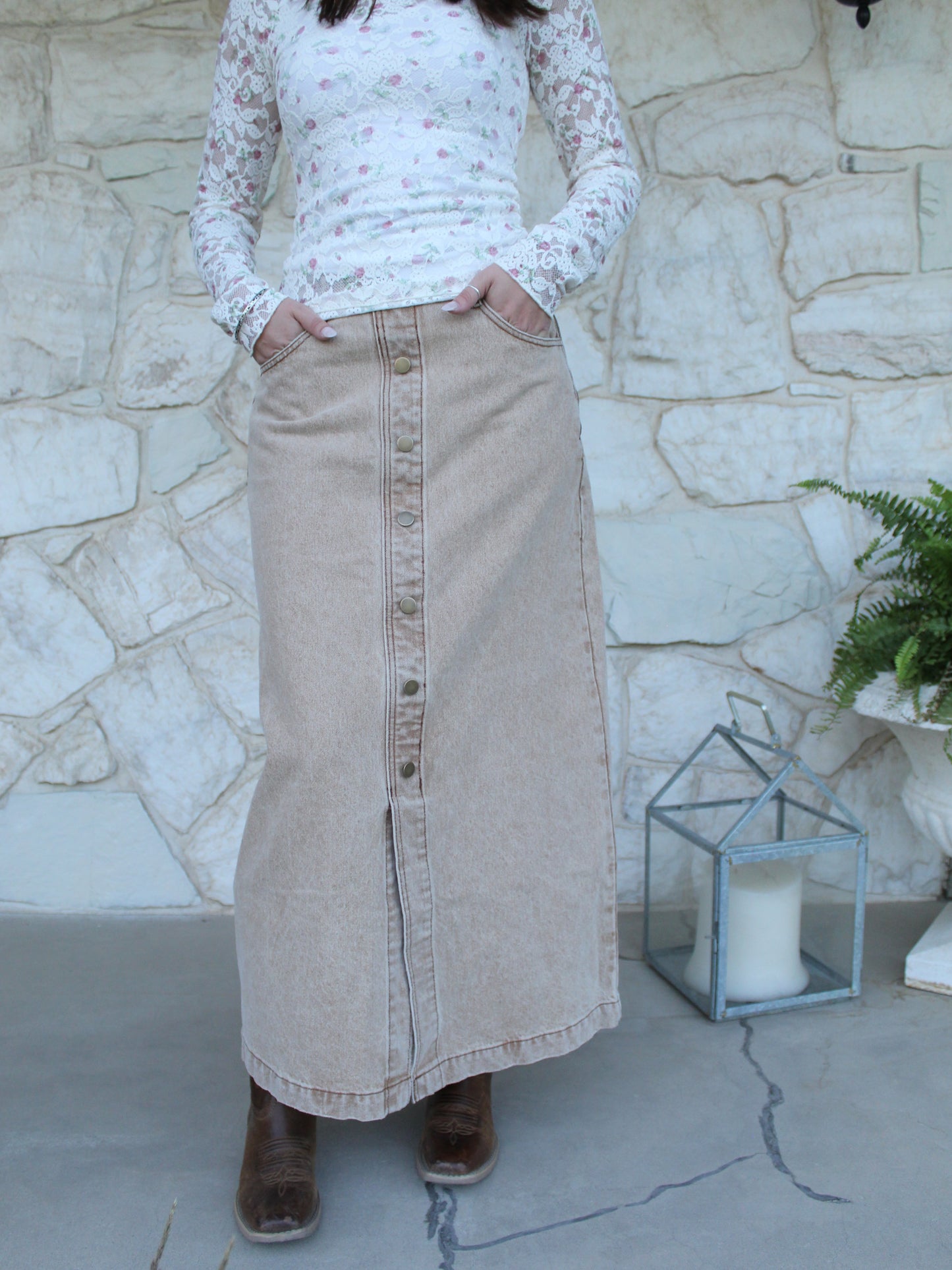 Timeless Buttoned Denim Skirt in Tan
