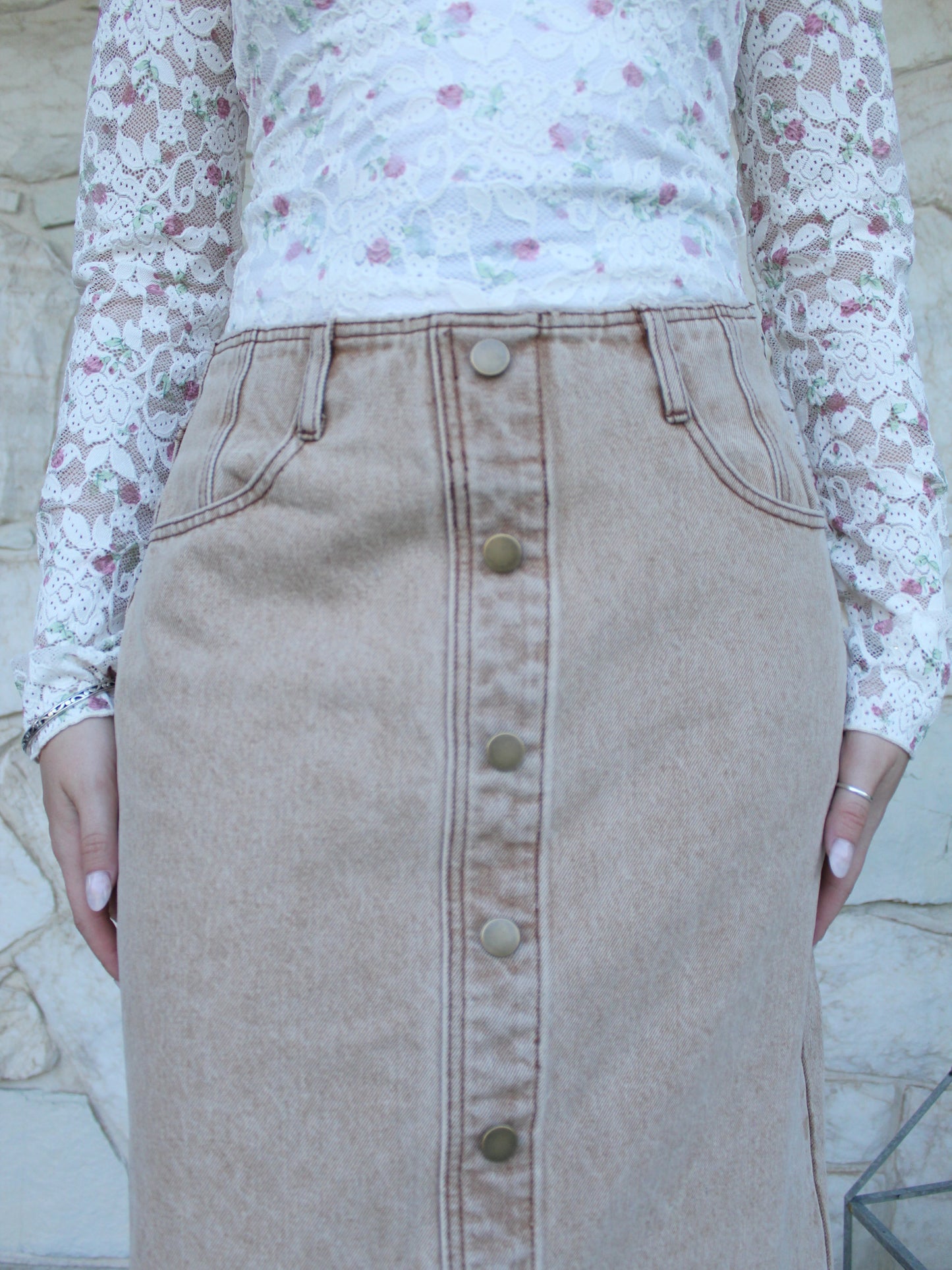 Timeless Buttoned Denim Skirt in Tan