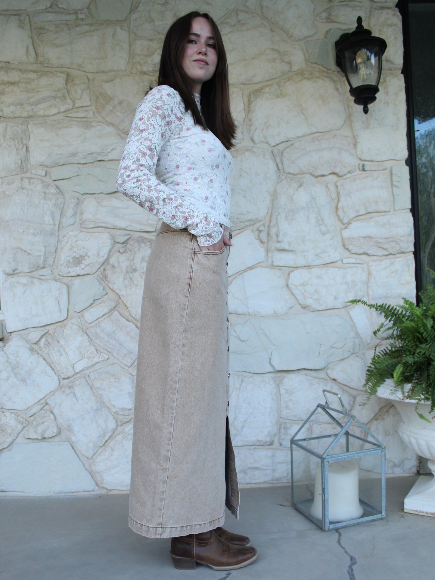 Timeless Buttoned Denim Skirt in Tan