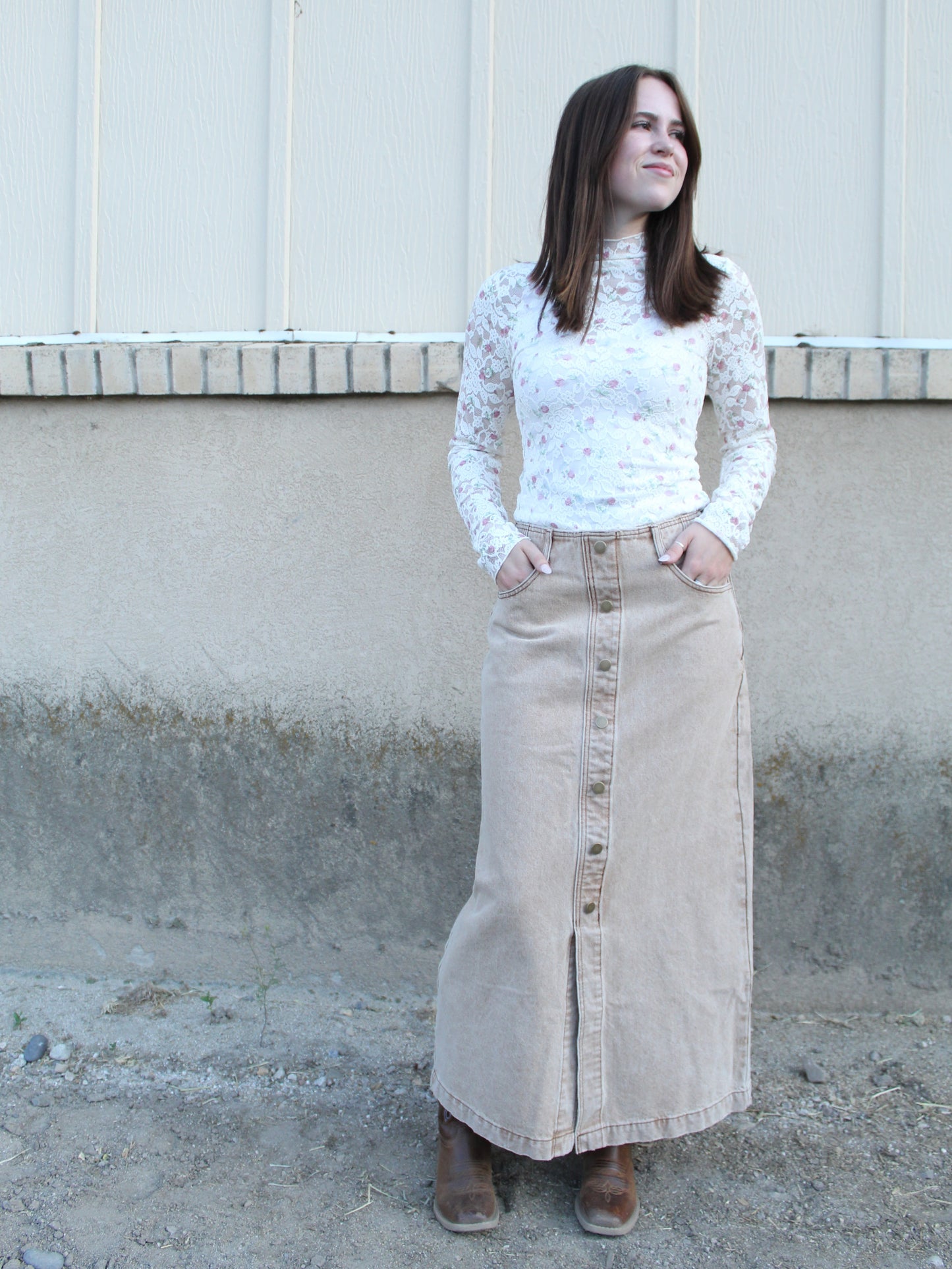 Timeless Buttoned Denim Skirt in Tan
