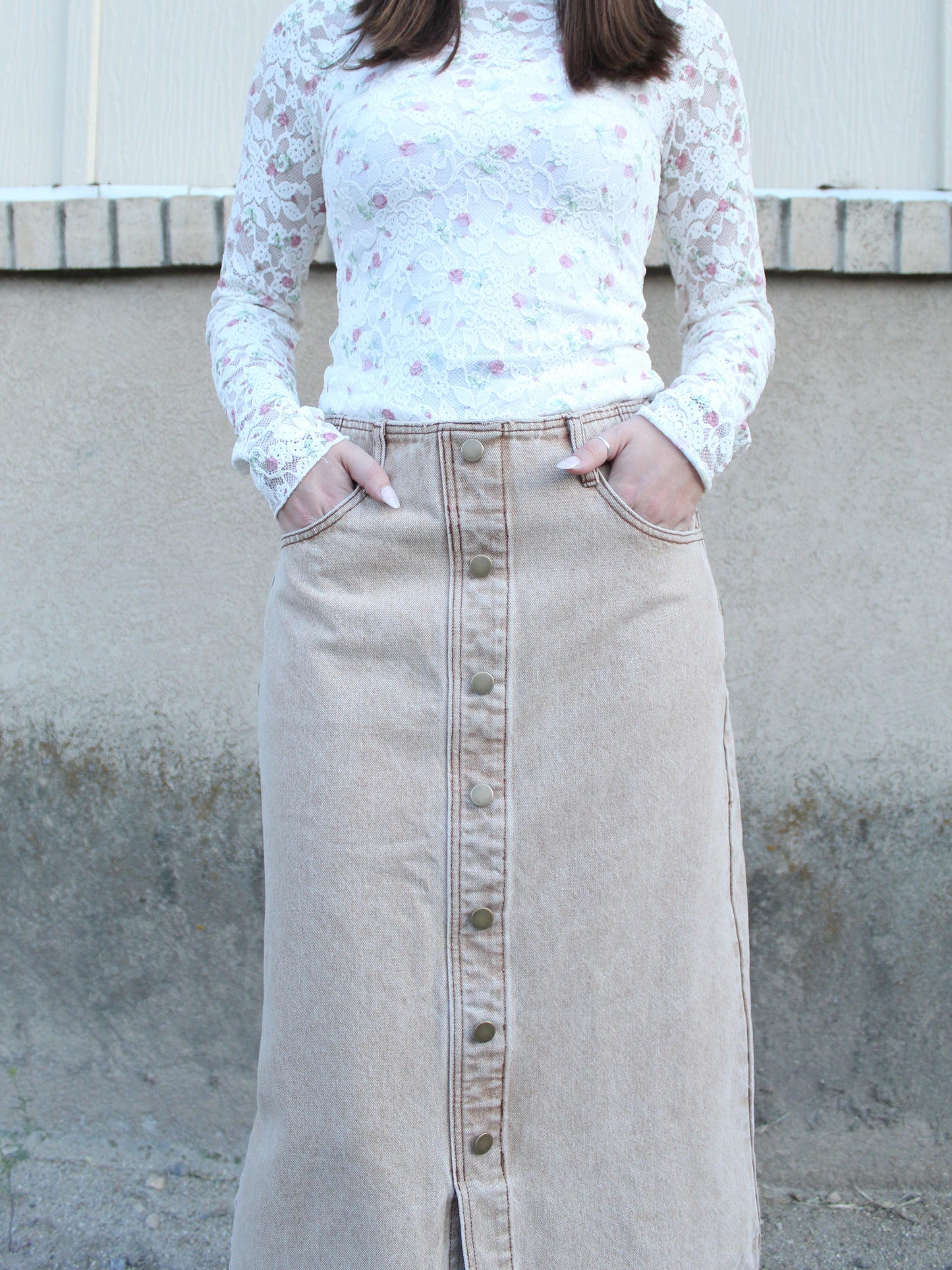 Timeless Buttoned Denim Skirt in Tan
