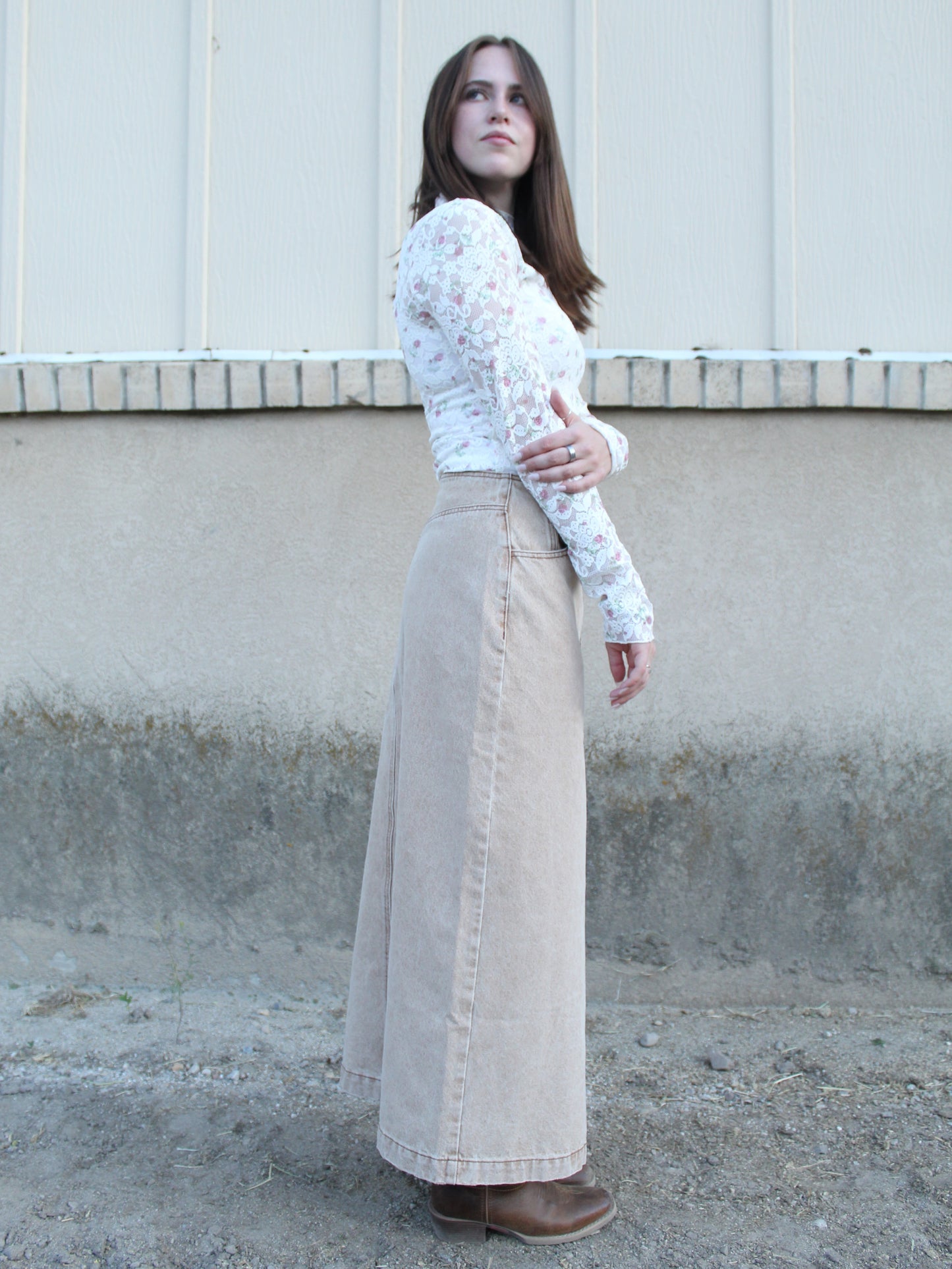 Timeless Buttoned Denim Skirt in Tan