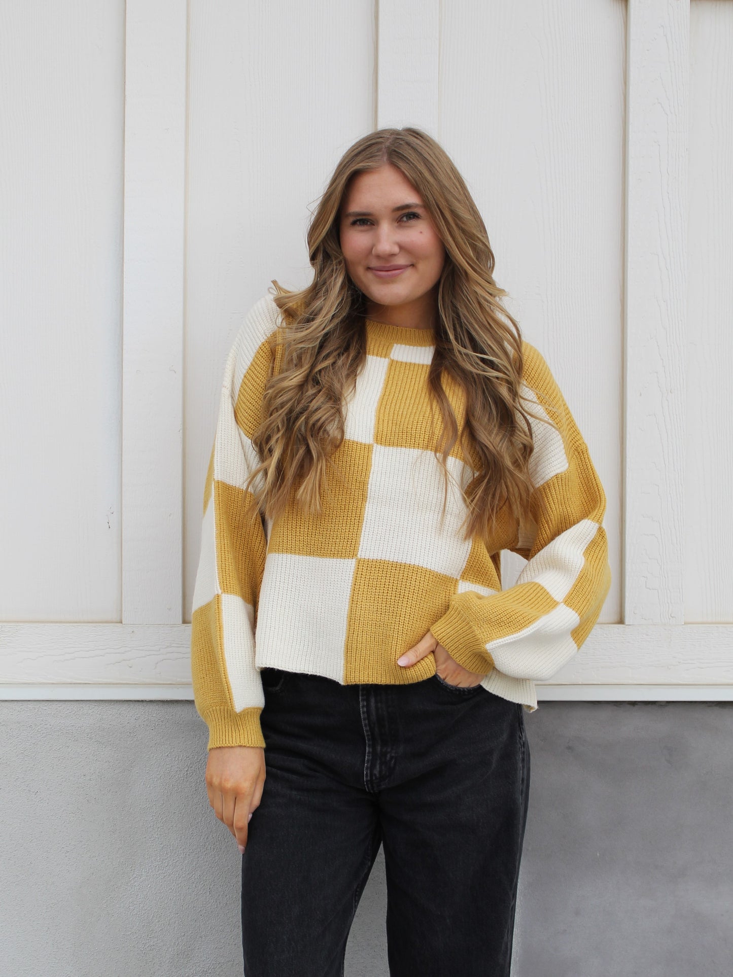 Checkered Sweater Top in Sunflower Yellow