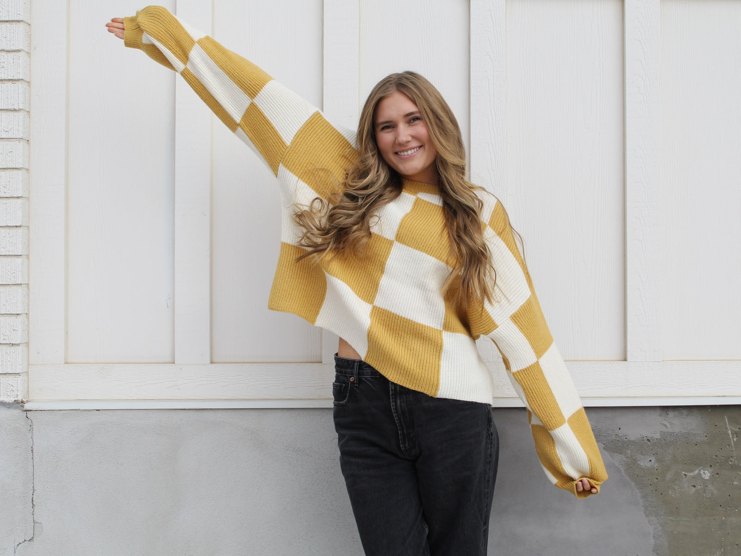 Checkered Sweater Top in Sunflower Yellow