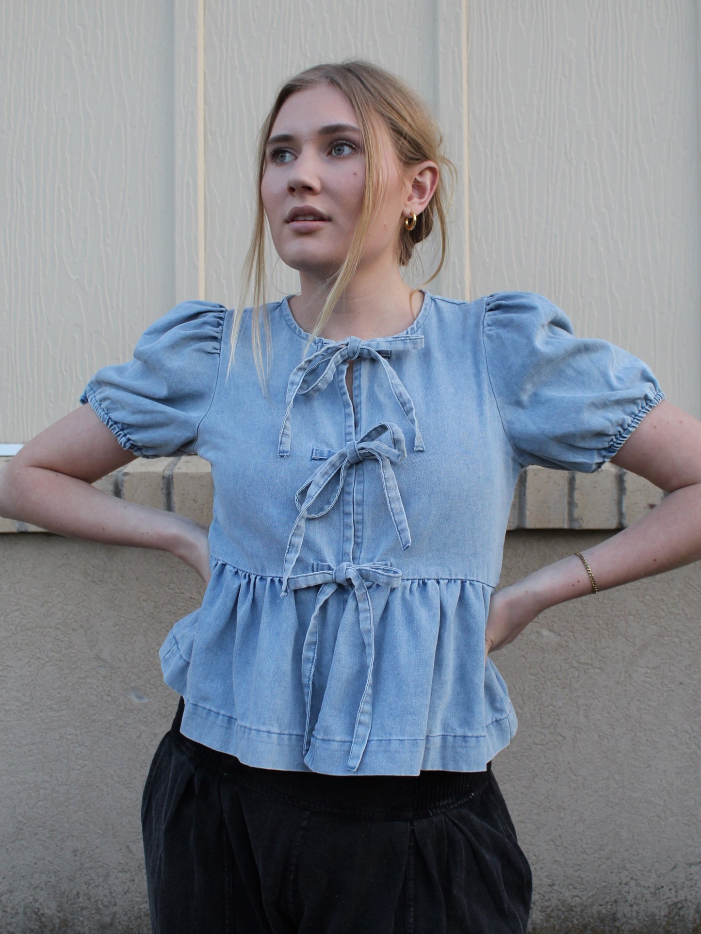 All Tied Up Bow Top in Light Denim
