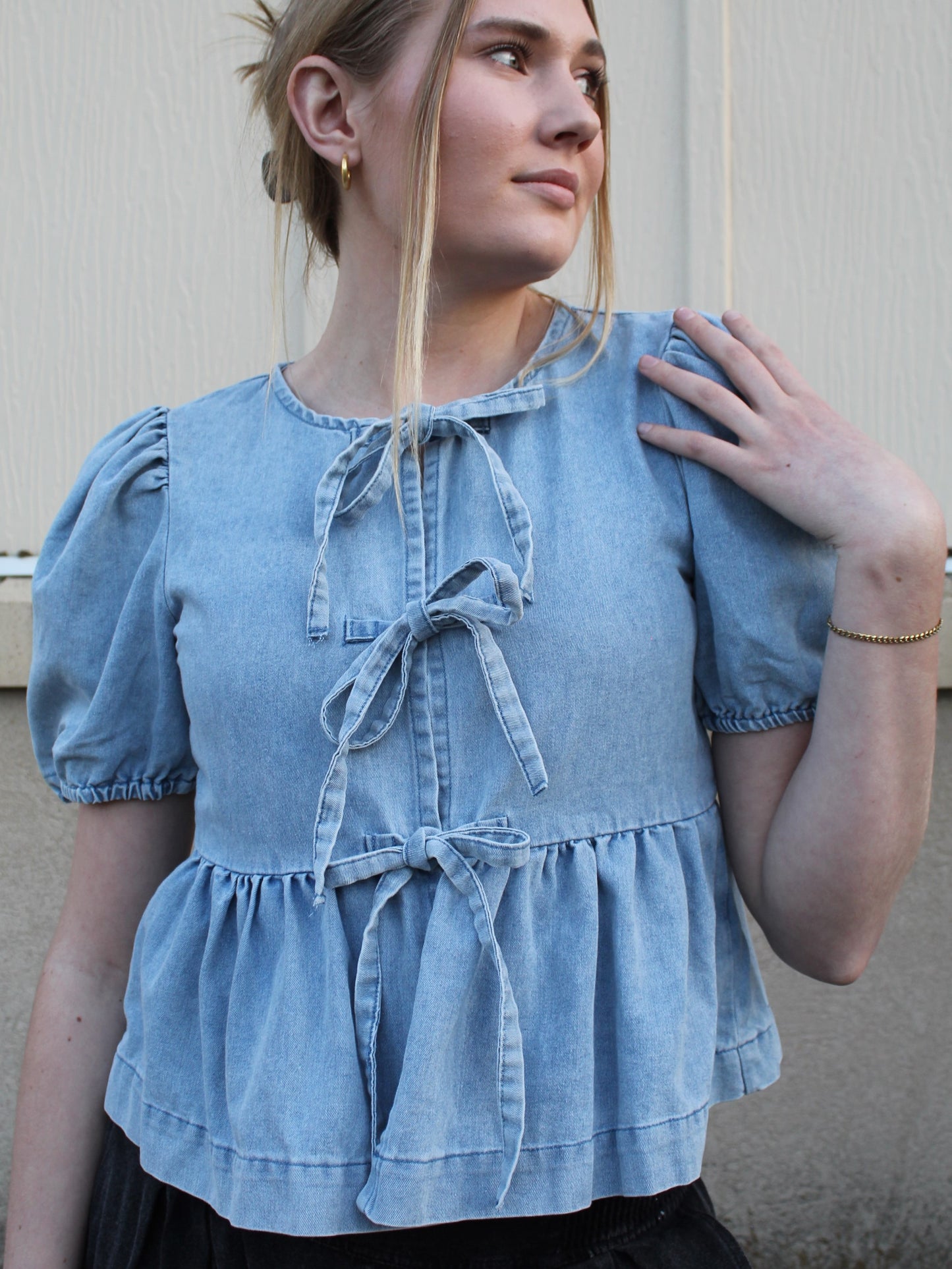 All Tied Up Bow Top in Light Denim