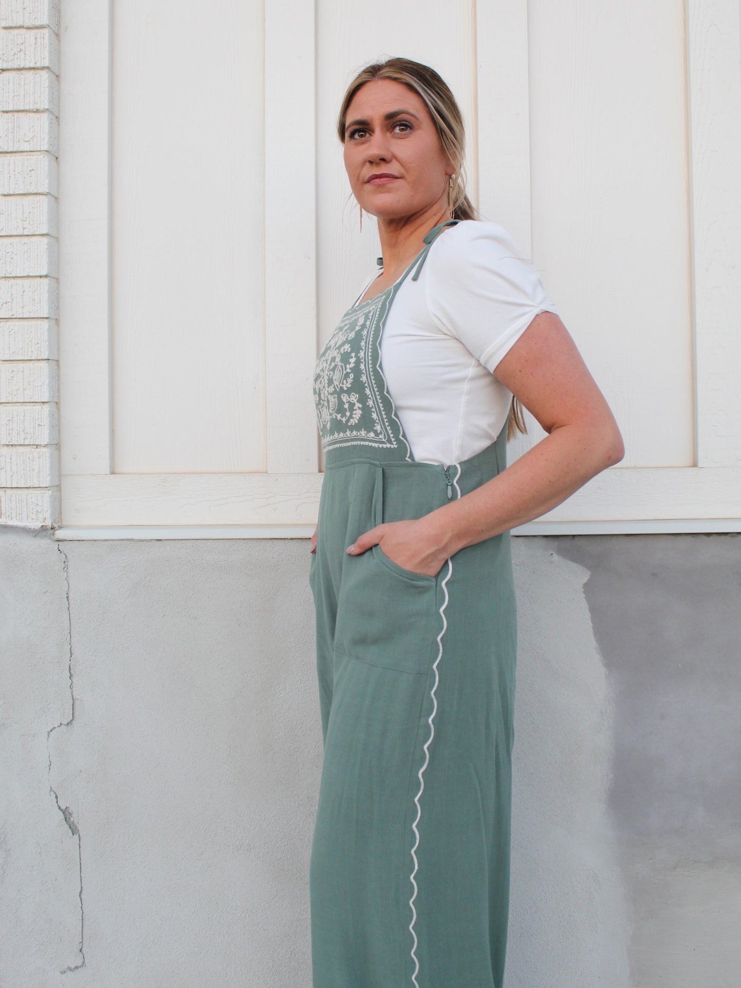 Vines and Roses Embroidery Jumpsuit in Sea Green