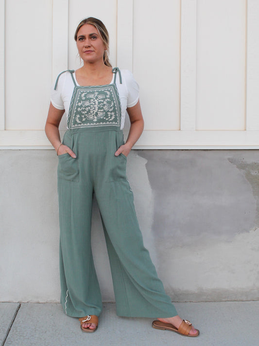 Vines and Roses Embroidery Jumpsuit in Sea Green