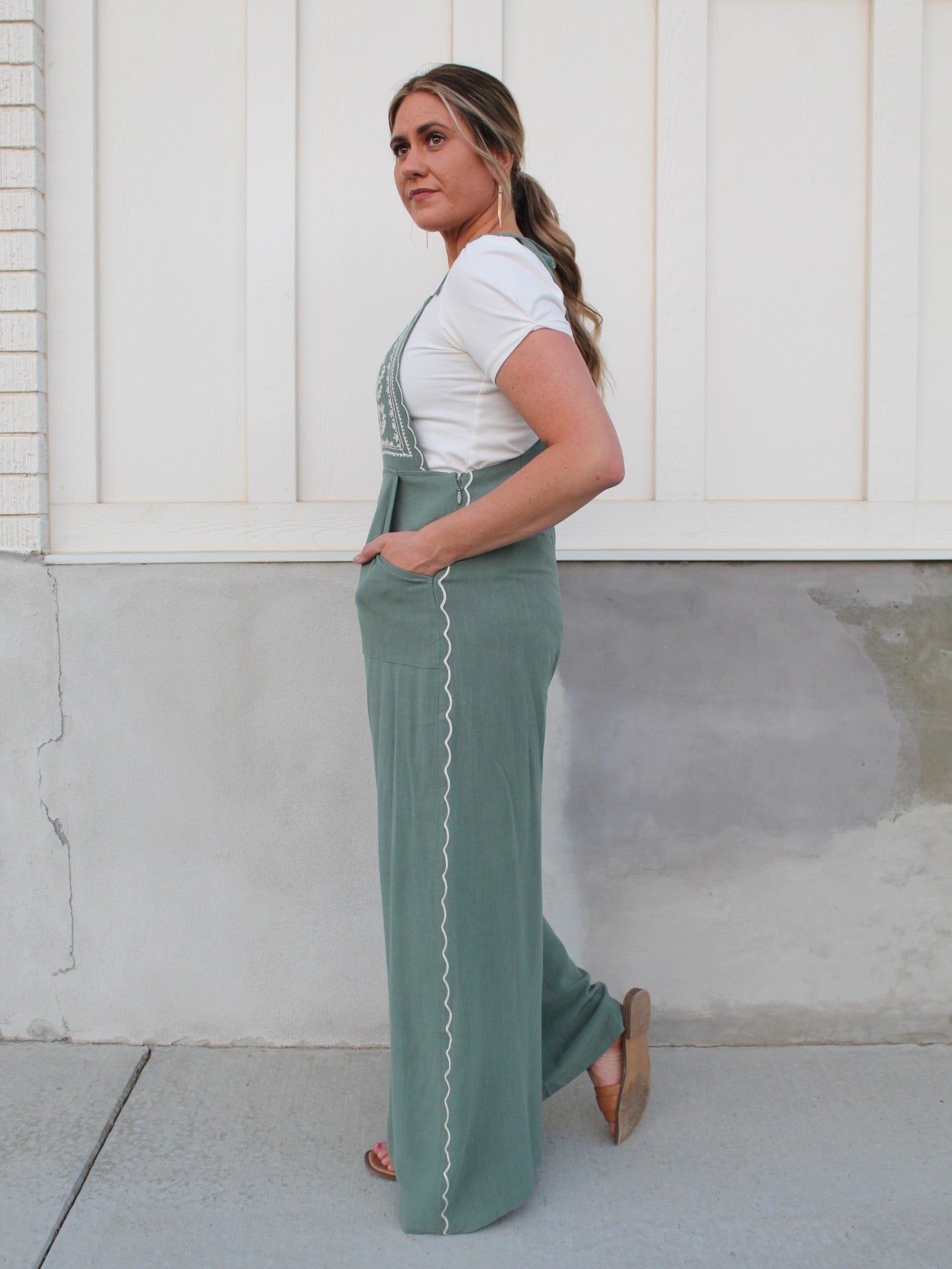 Vines and Roses Embroidery Jumpsuit in Sea Green