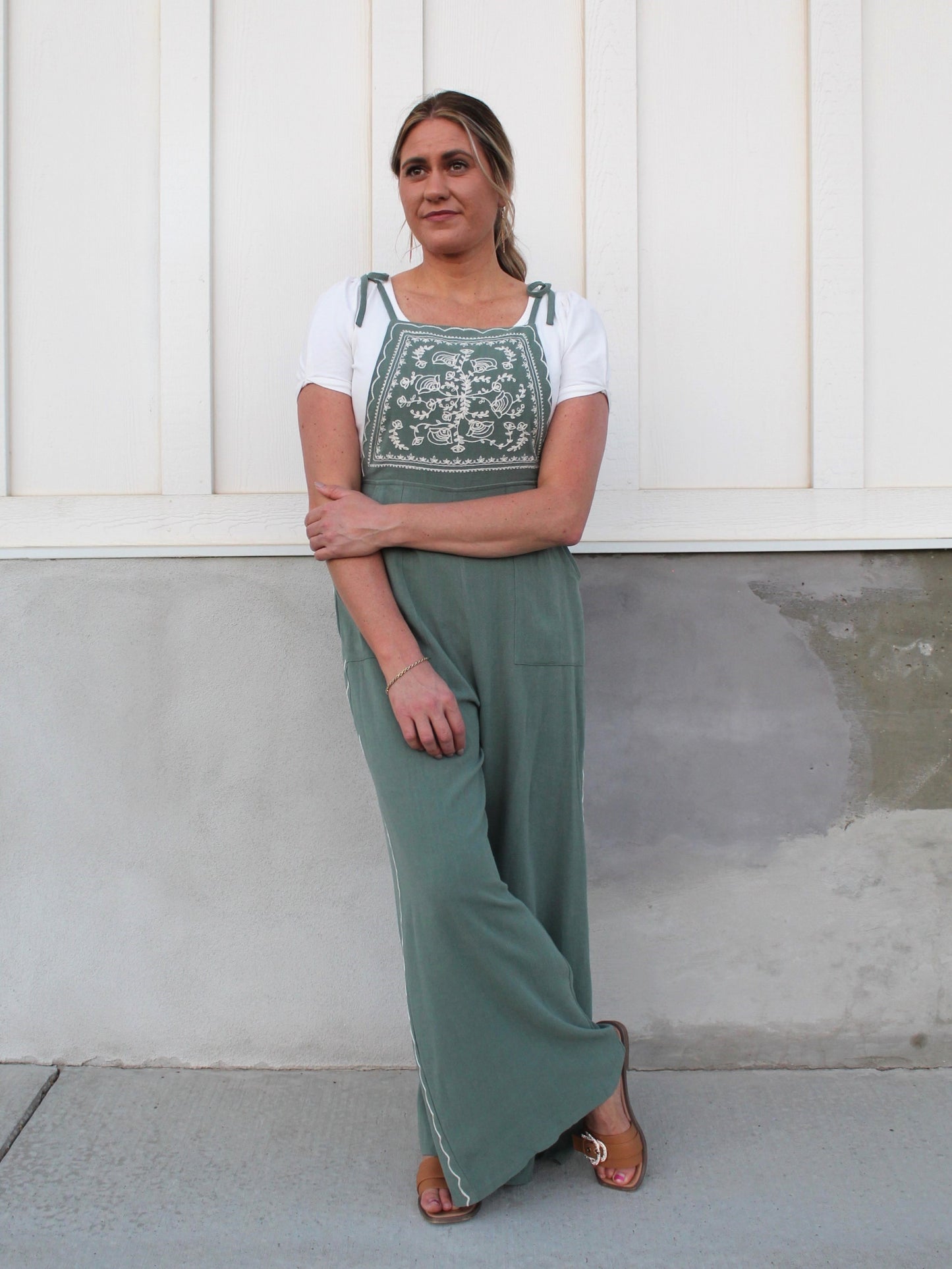 Vines and Roses Embroidery Jumpsuit in Sea Green