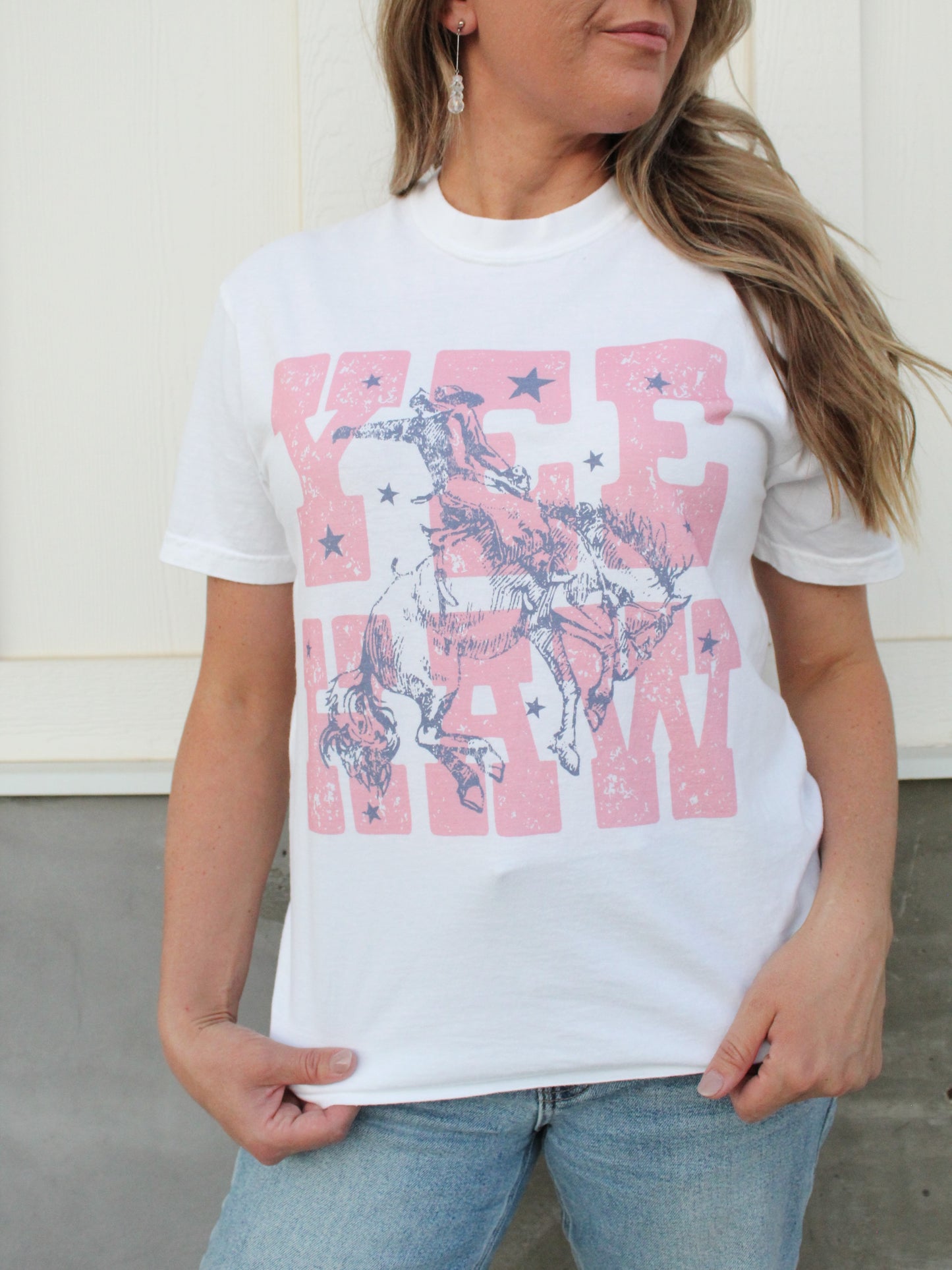 'YEEHAW' Graphic Tee in White/Pink