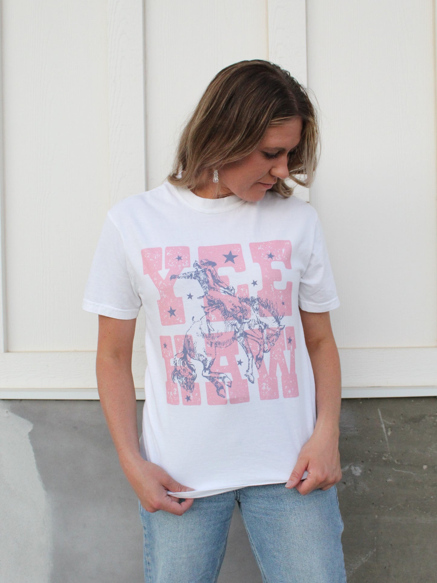 'YEEHAW' Graphic Tee in White/Pink