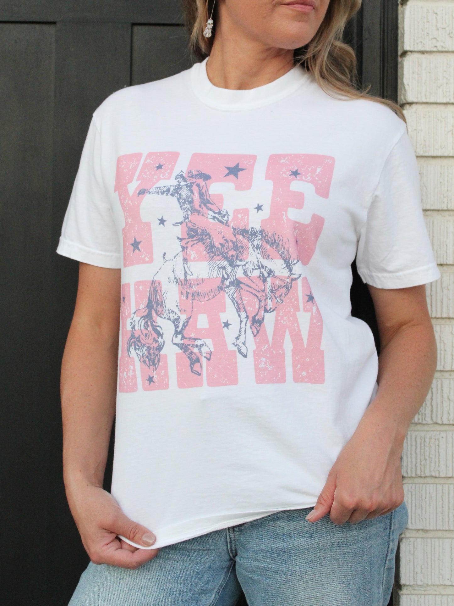 'YEEHAW' Graphic Tee in White/Pink