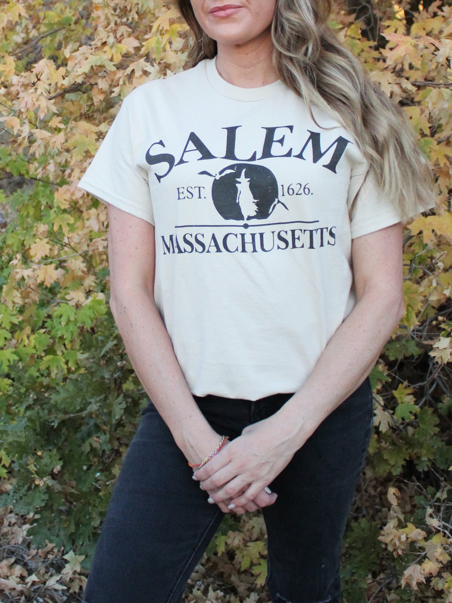 'SALEM MASSACHUSETTS' Witch Graphic Tee in Beige