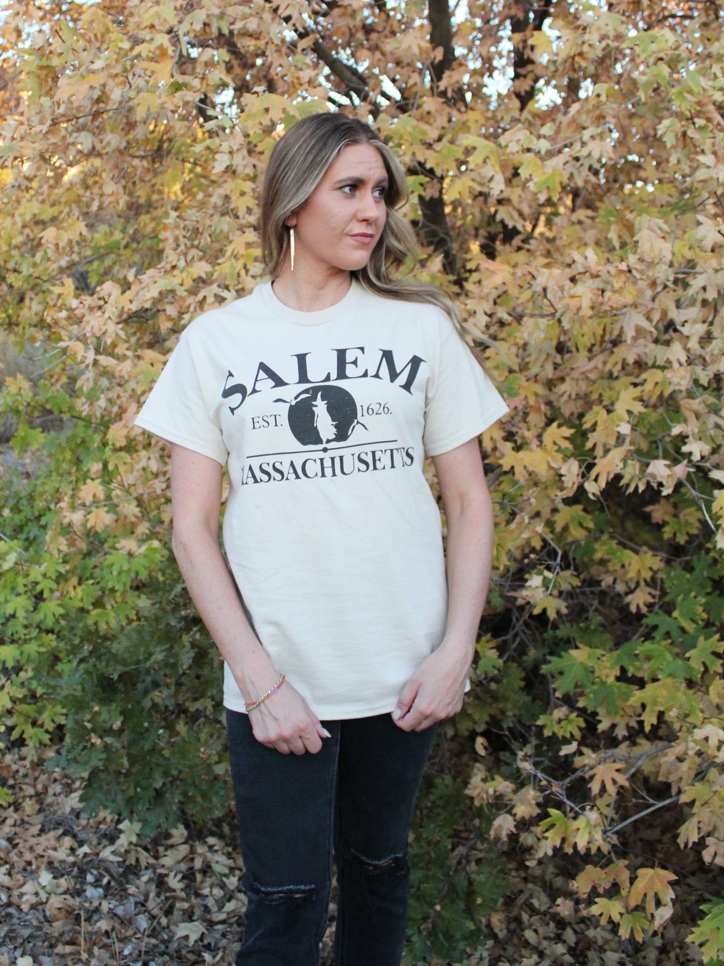 'SALEM MASSACHUSETTS' Witch Graphic Tee in Beige