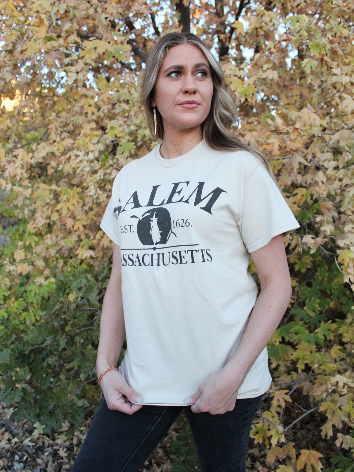 'SALEM MASSACHUSETTS' Witch Graphic Tee in Beige