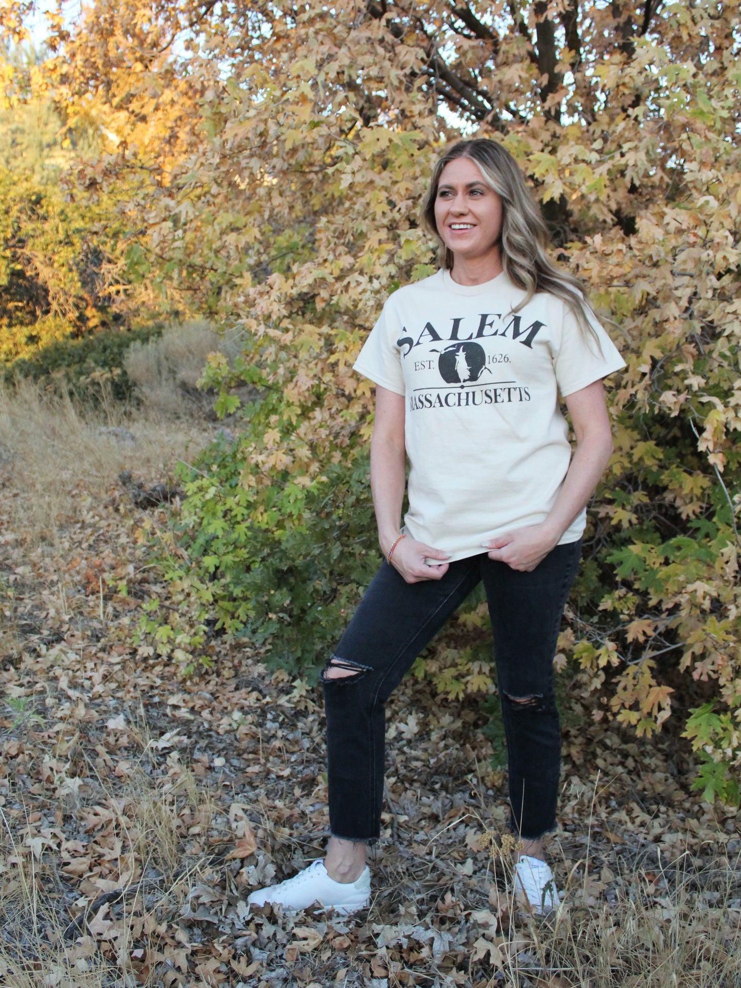 'SALEM MASSACHUSETTS' Witch Graphic Tee in Beige