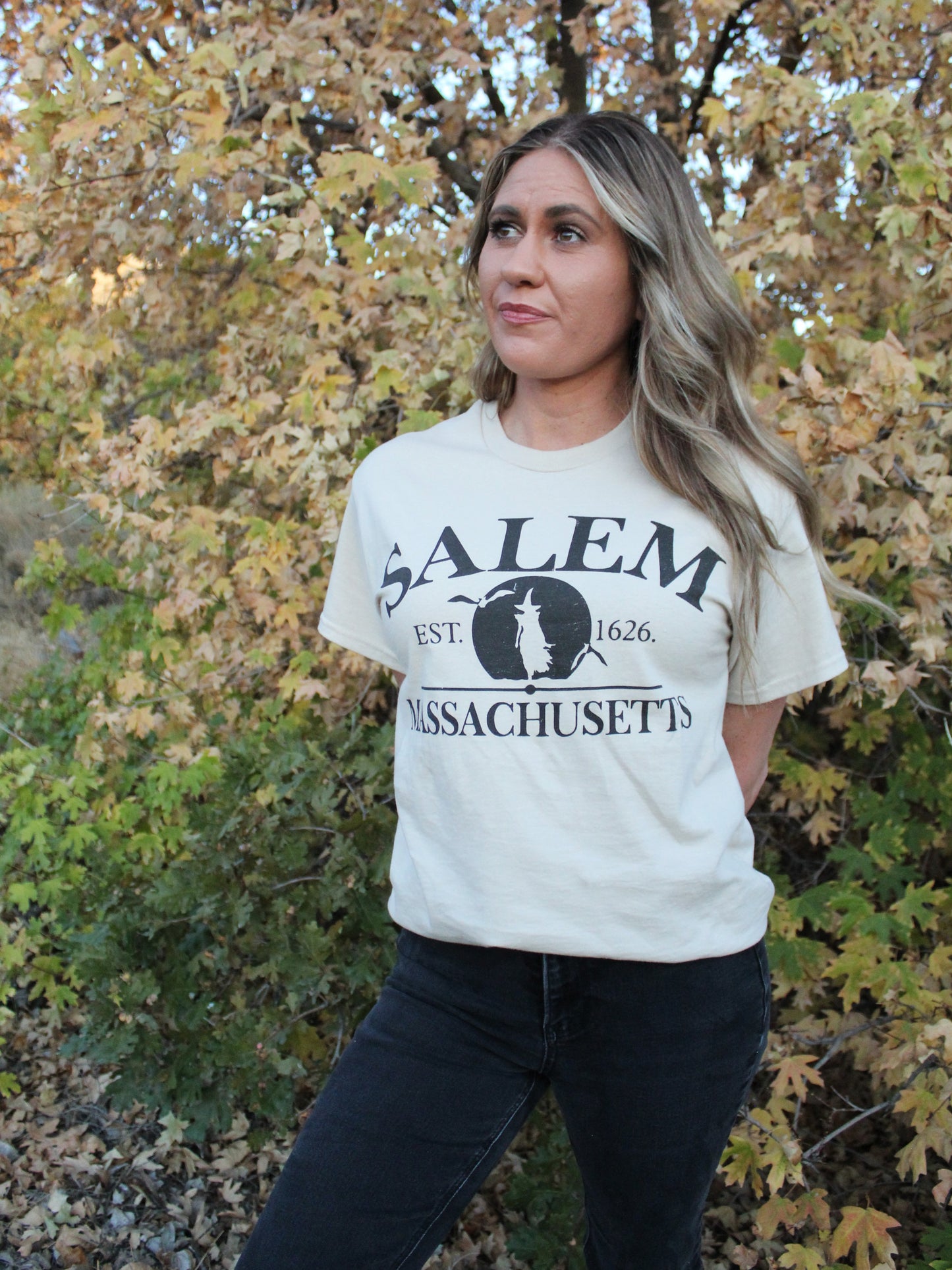 'SALEM MASSACHUSETTS' Witch Graphic Tee in Beige