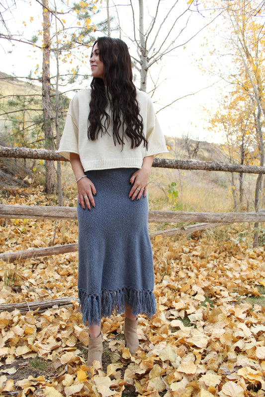 Boho Blues Sweater Fringe Skirt