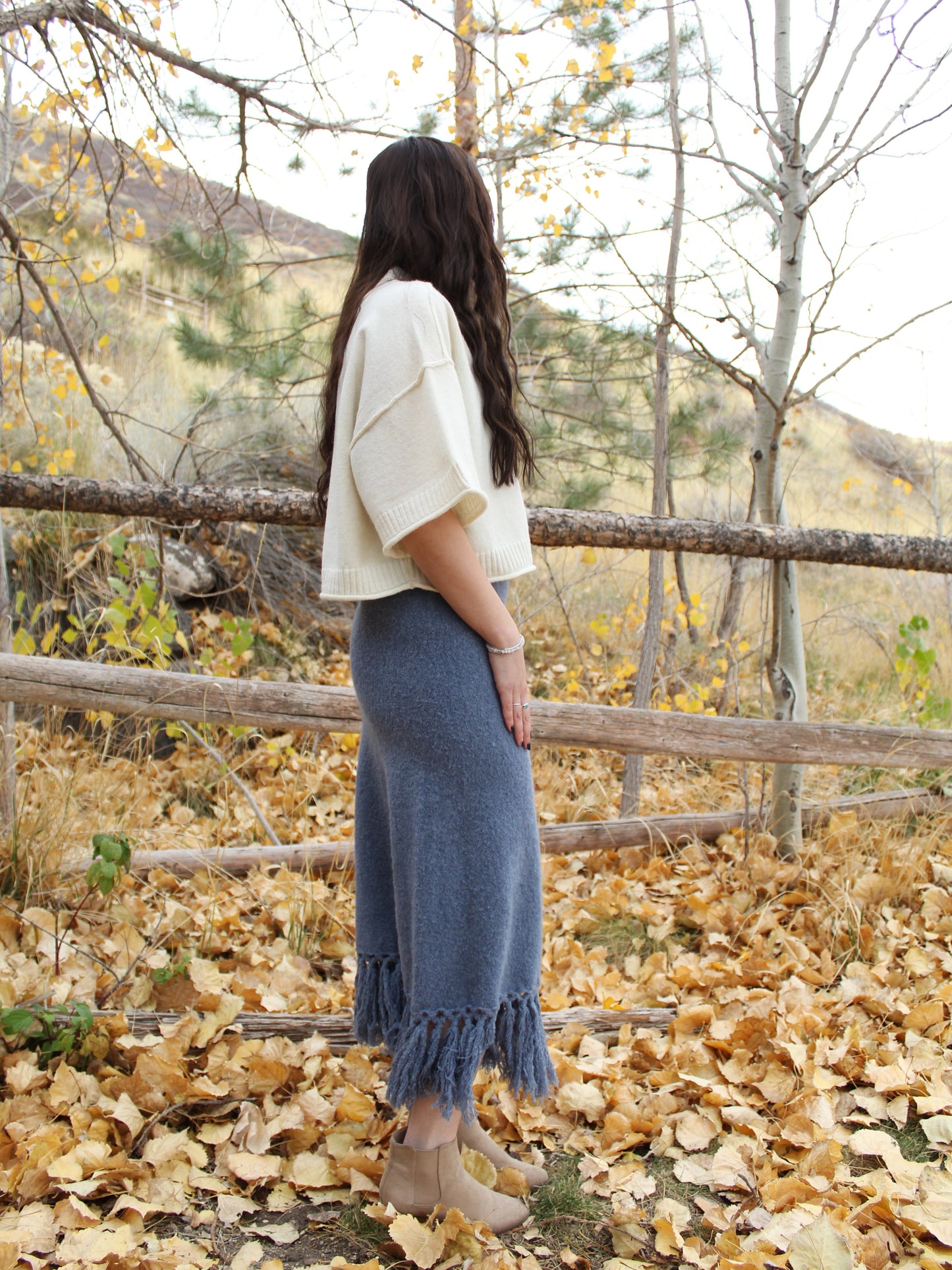Boho Blues Sweater Fringe Skirt