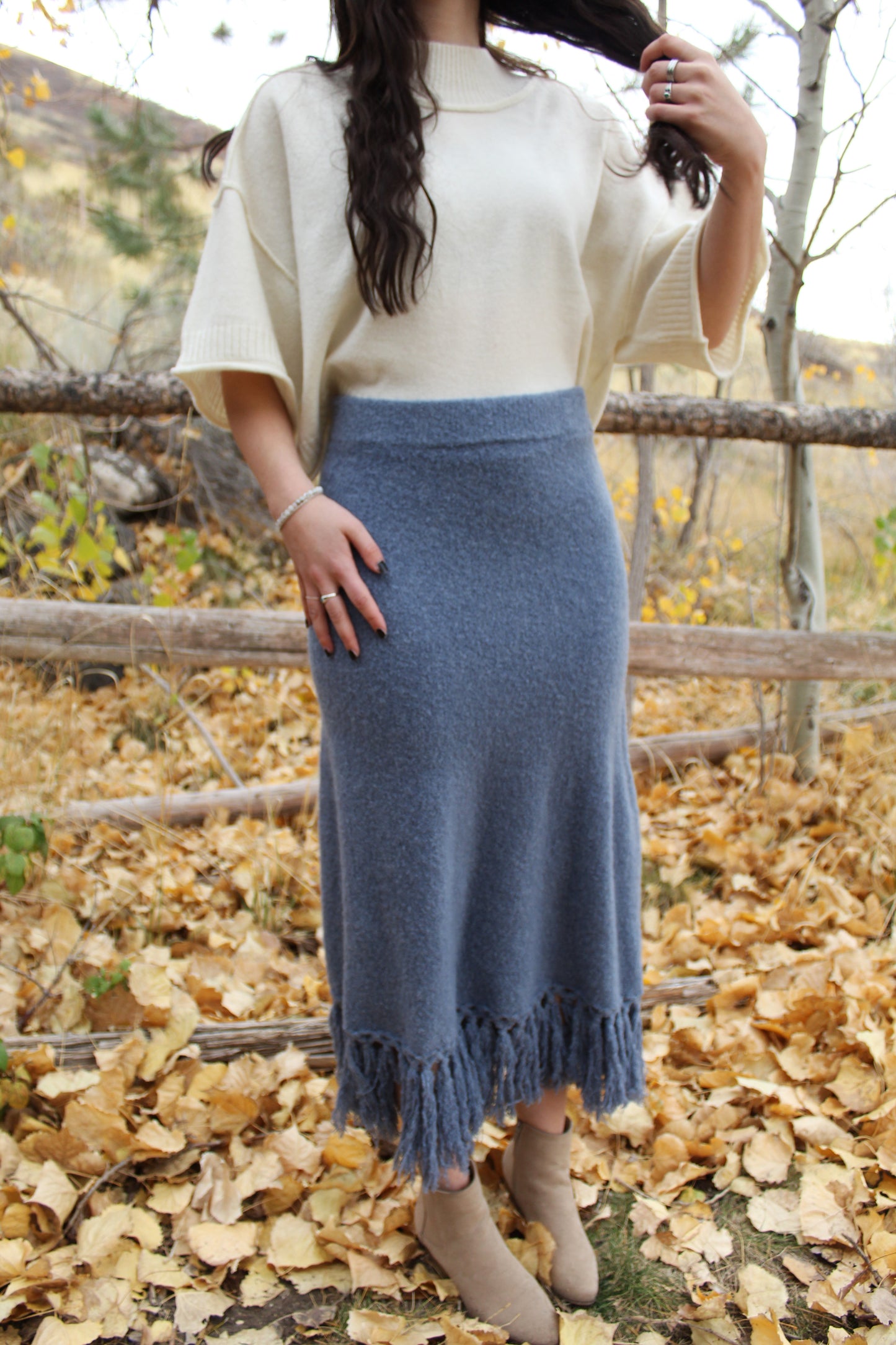 Boho Blues Sweater Fringe Skirt