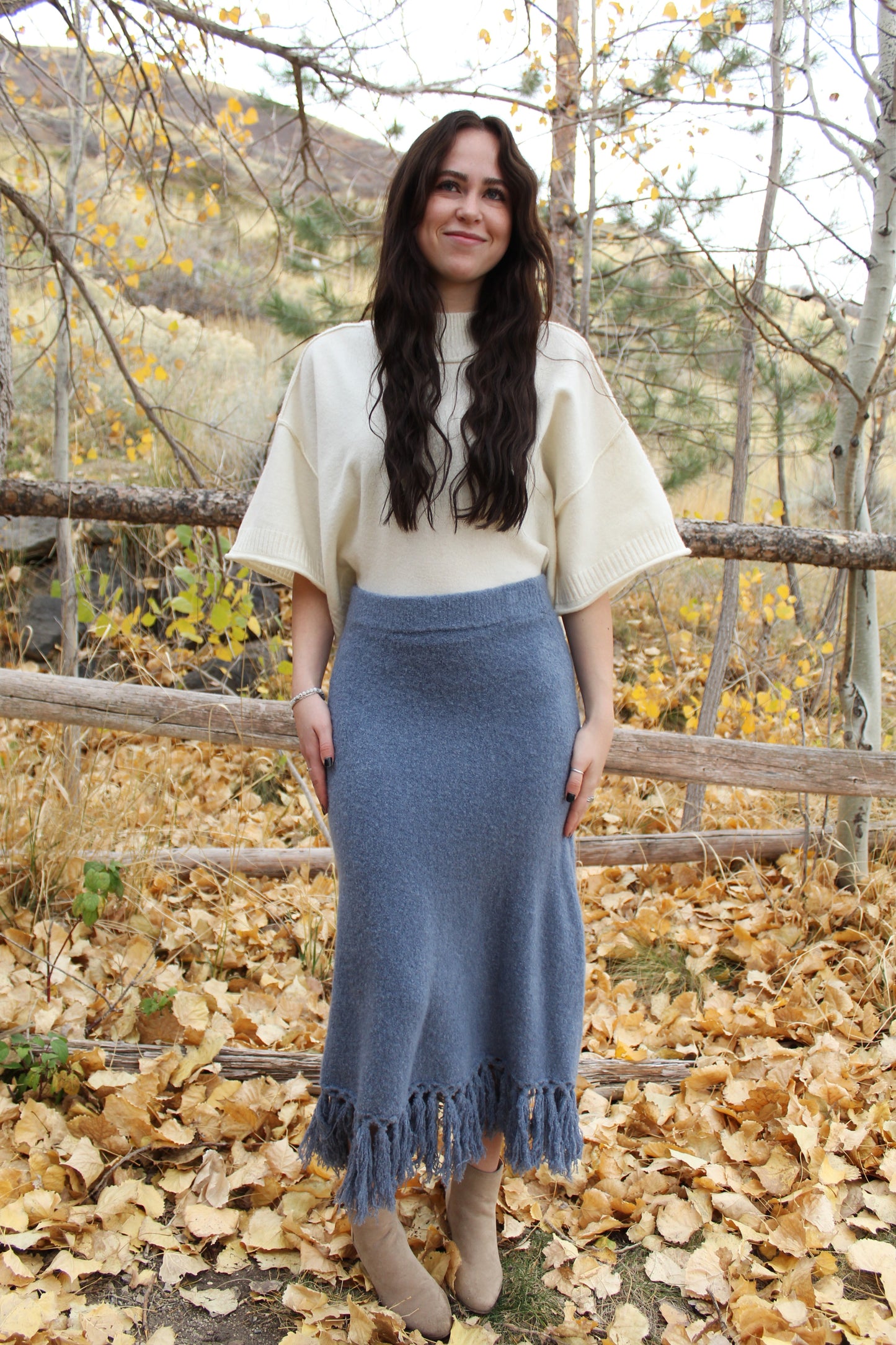 Boho Blues Sweater Fringe Skirt