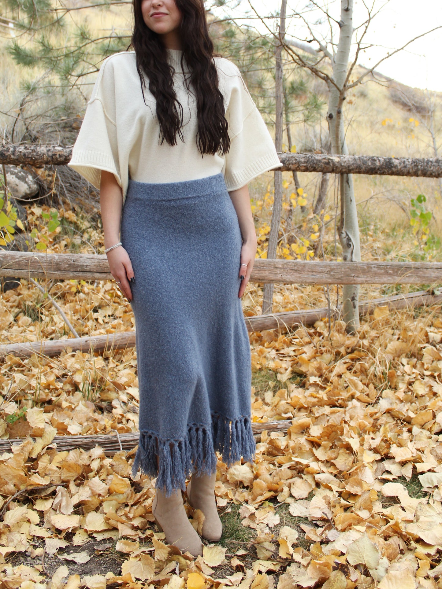Boho Blues Sweater Fringe Skirt