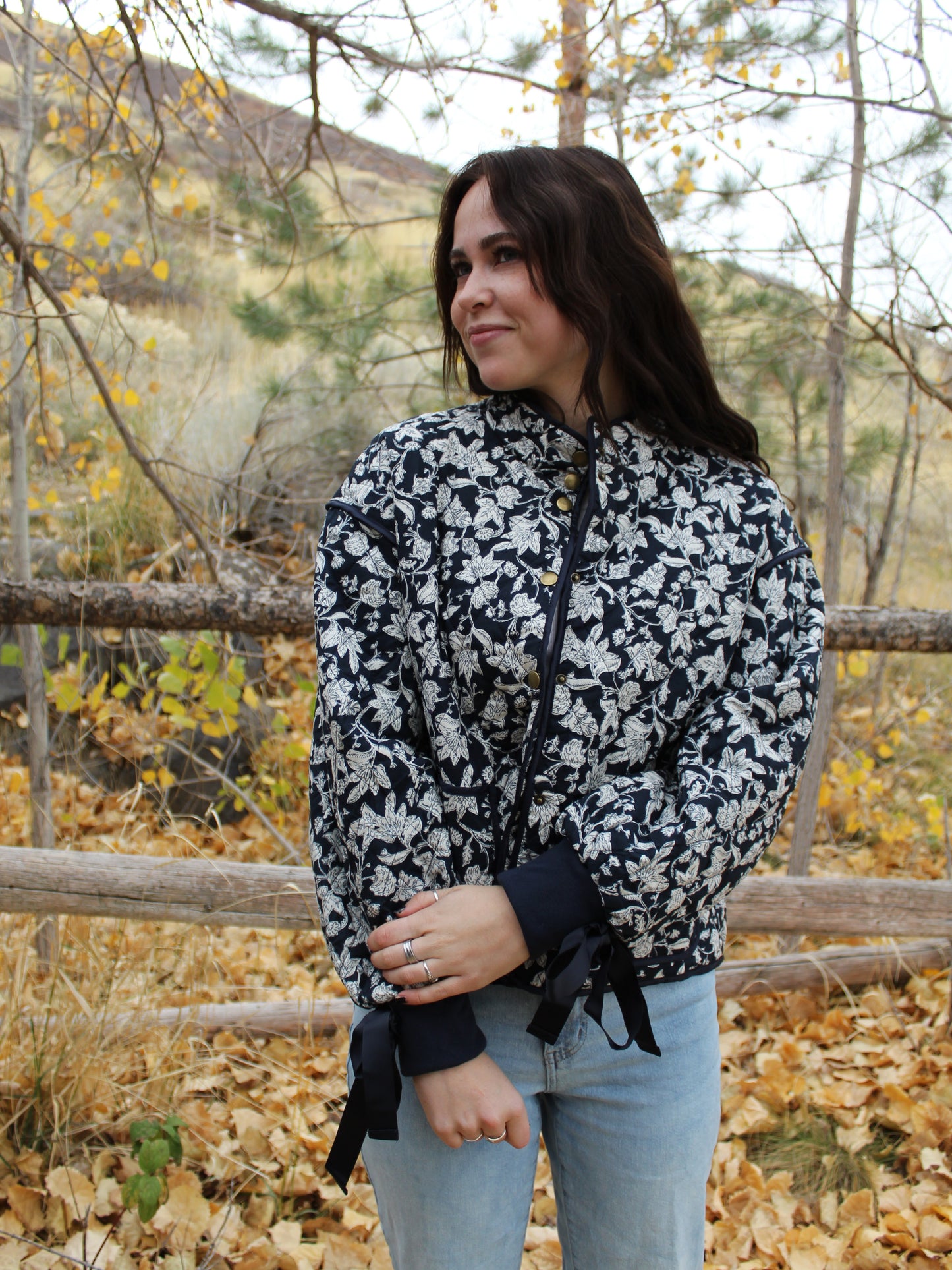 Forget Me Not Floral Quilted Jacket in Navy