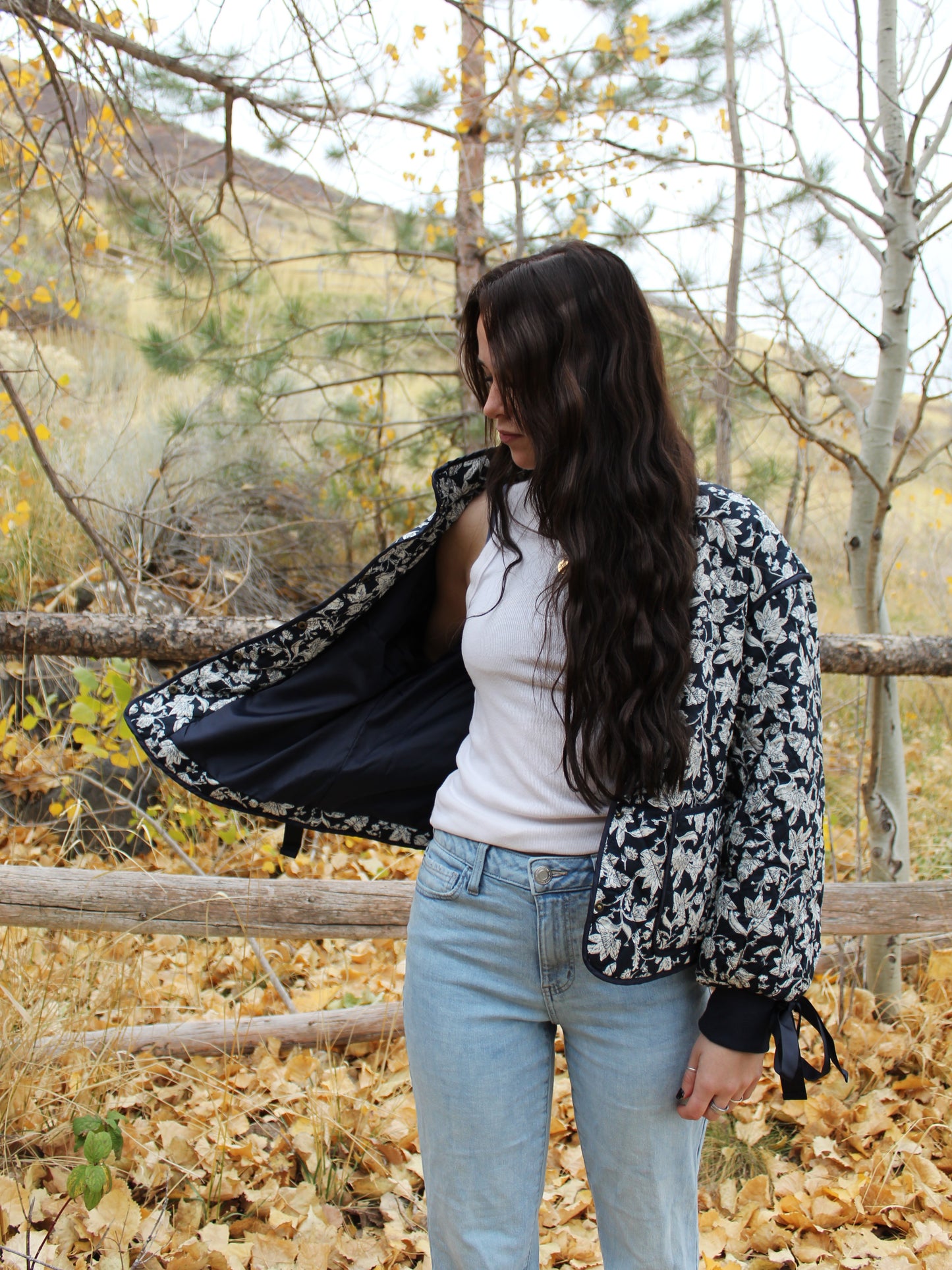 Forget Me Not Floral Quilted Jacket in Navy