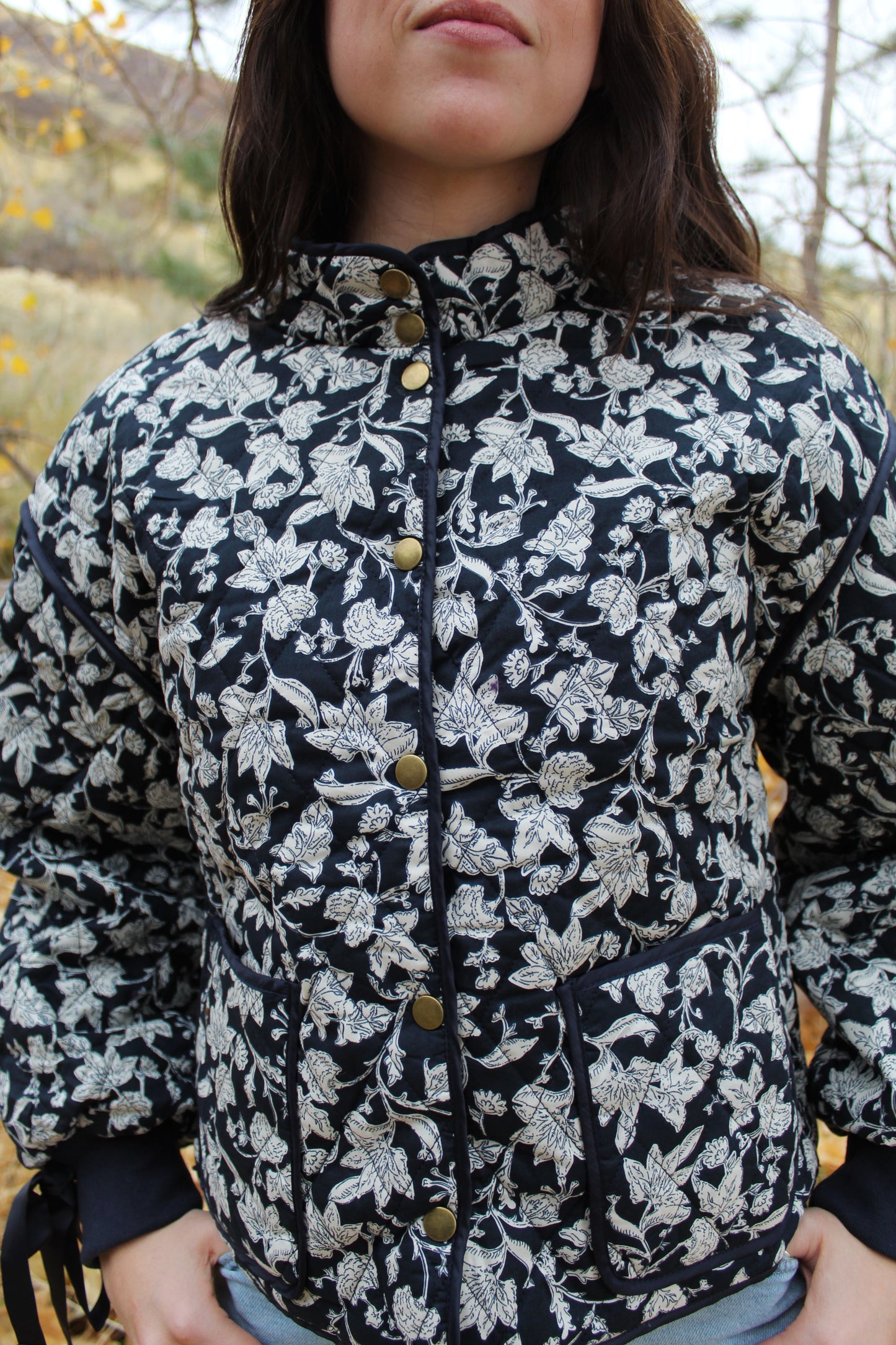 Forget Me Not Floral Quilted Jacket in Navy