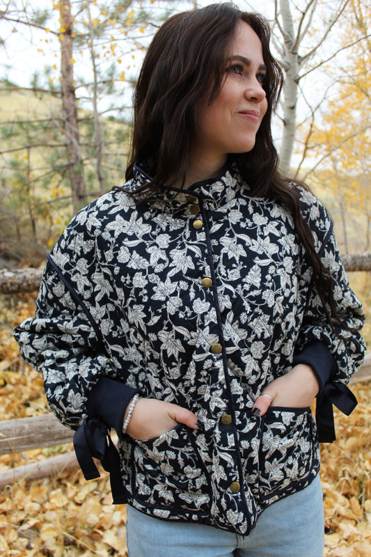 Forget Me Not Floral Quilted Jacket in Navy