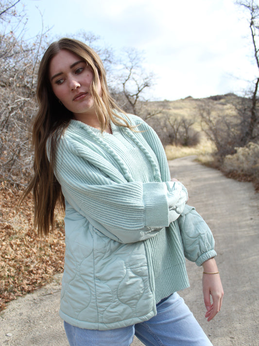 Hugs and Kisses Hooded Puffer Sweater Top in Mint