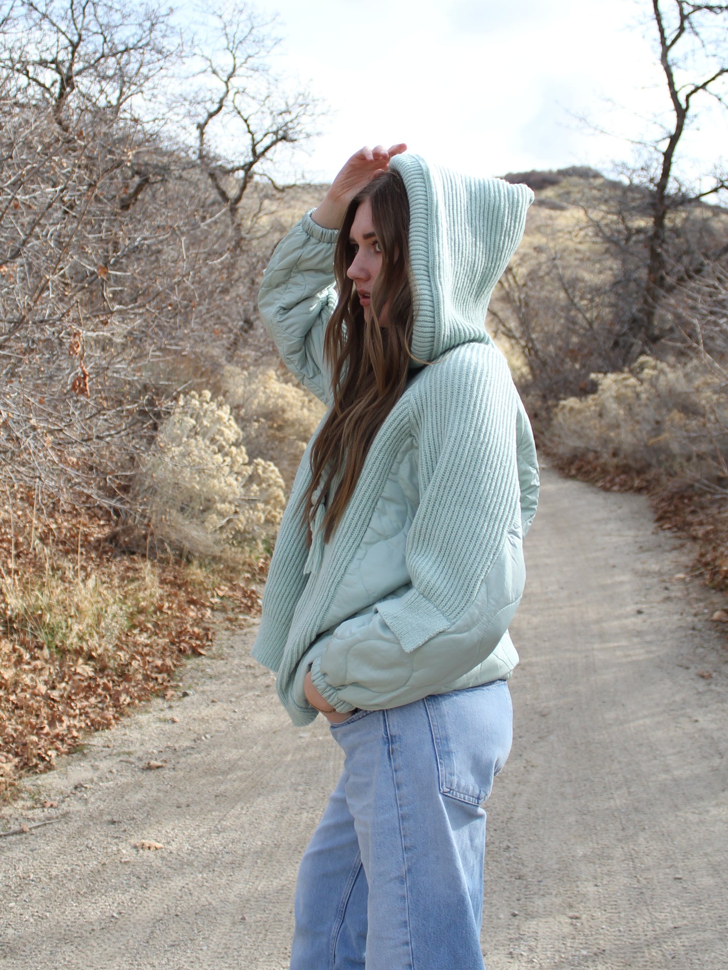 Hugs and Kisses Hooded Puffer Sweater Top in Mint