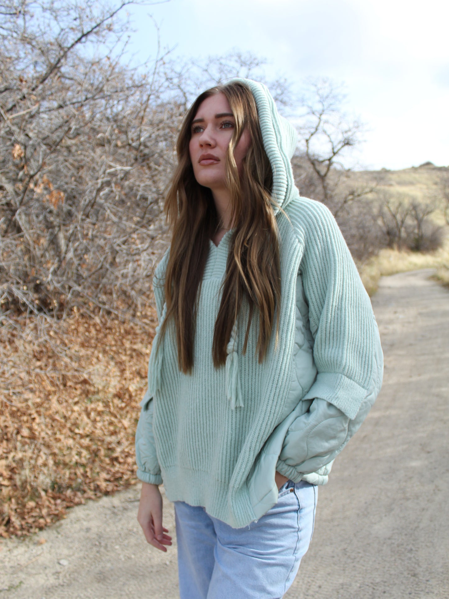 Hugs and Kisses Hooded Puffer Sweater Top in Mint